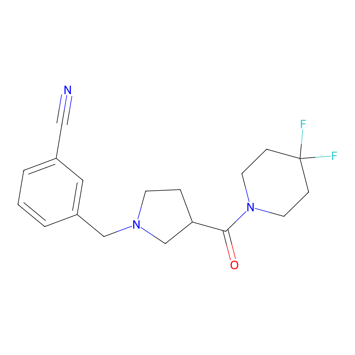 3-{[3-(4,4-Difluoropiperidine-1-carbonyl)pyrrolidin-1-yl]methyl}benzonitrile molecular structure, CAS 2877766-32-8