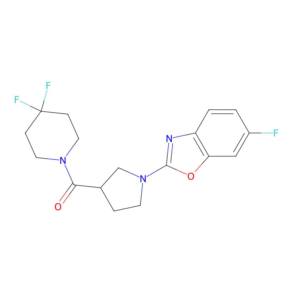 2-[3-(4,4-Difluoropiperidine-1-carbonyl)pyrrolidin-1-yl]-6-fluoro-1,3-benzoxazole molecular structure, CAS 2877766-33-9