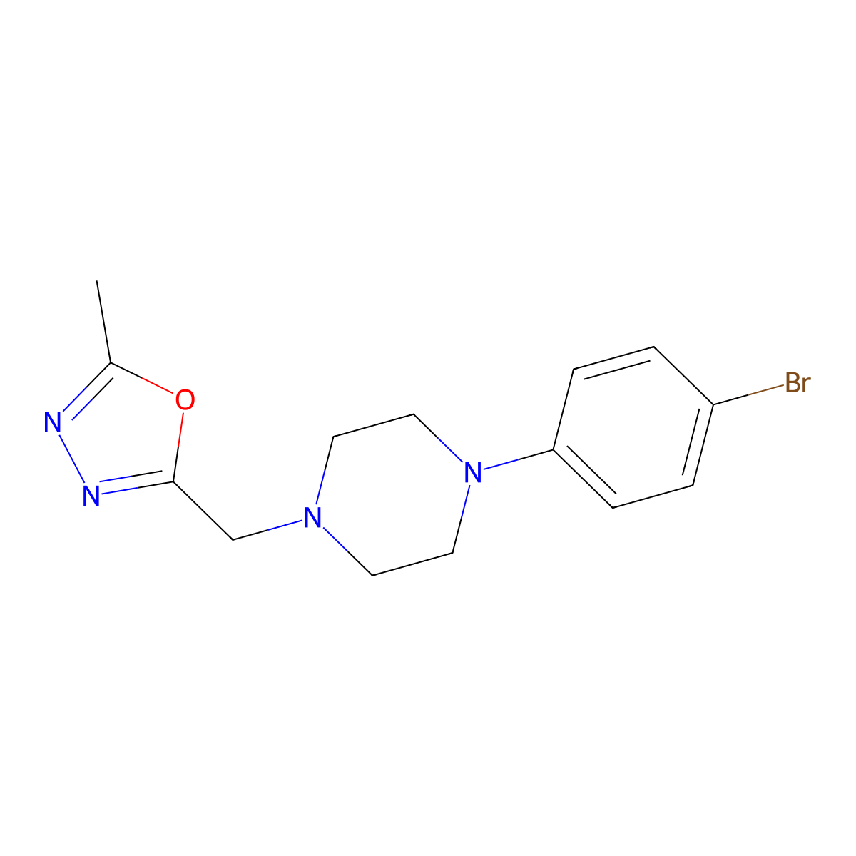 1-(4-Bromophenyl)-4-[(5-methyl-1,3,4-oxadiazol-2-yl)methyl]piperazine molecular structure, CAS 2877766-34-0
