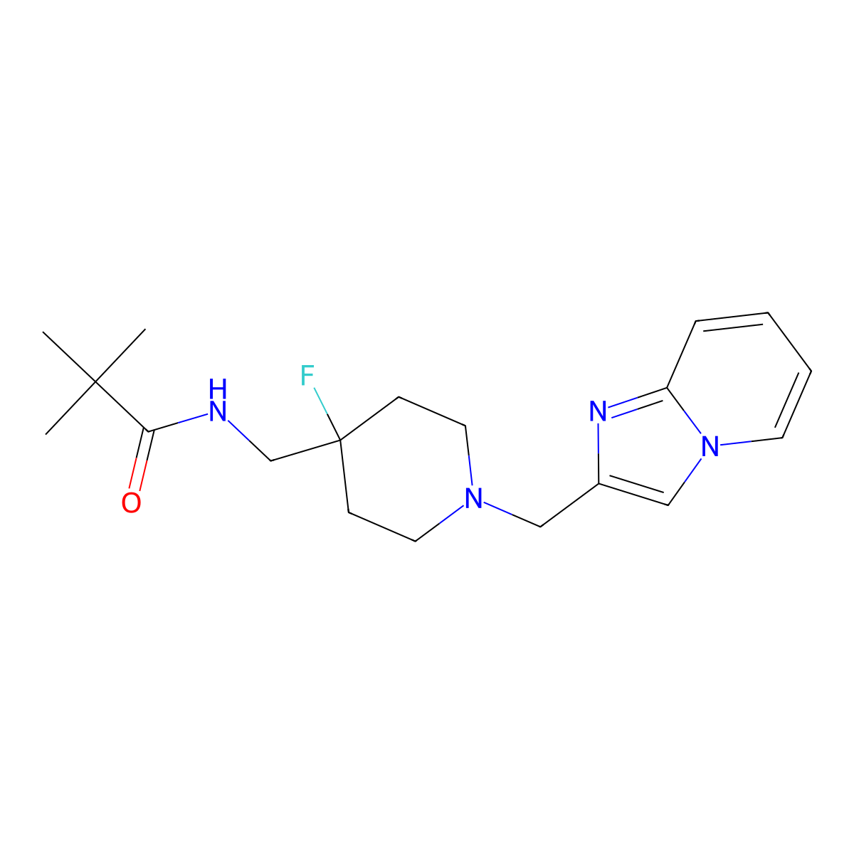 N-{[4-fluoro-1-({imidazo[1,2-a]pyridin-2-yl}methyl)piperidin-4-yl]methyl}-2,2-dimethylpropanamide molecular structure, CAS 2877766-35-1