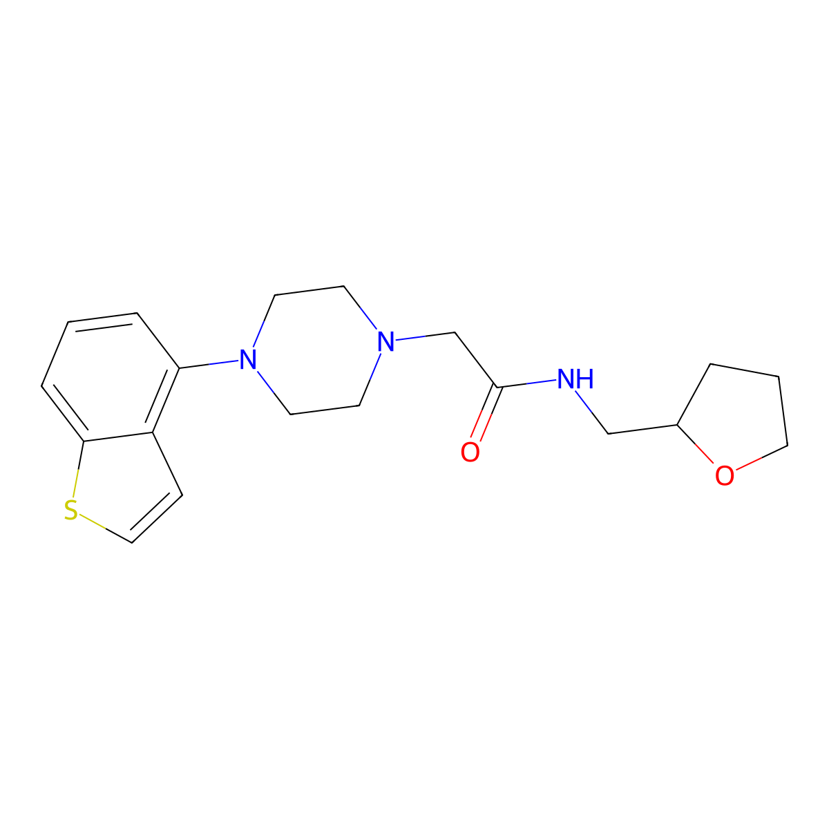 2-[4-(1-benzothiophen-4-yl)piperazin-1-yl]-N-[(oxolan-2-yl)methyl]acetamide molecular structure, CAS 2877766-45-3