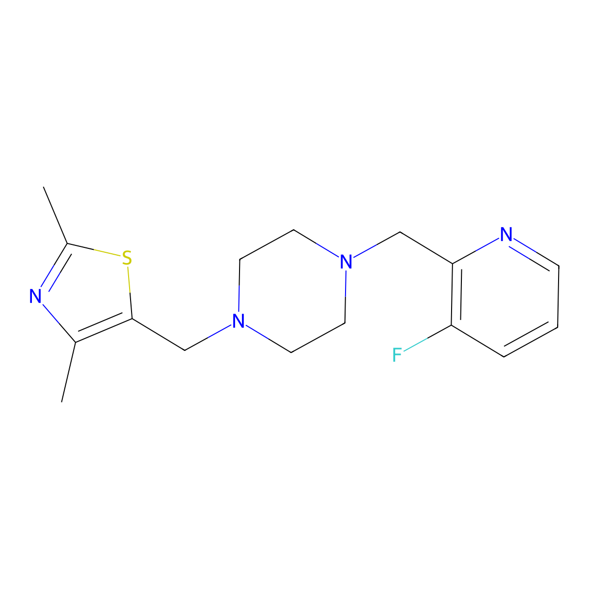 1-[(2,4-Dimethyl-1,3-thiazol-5-yl)methyl]-4-[(3-fluoropyridin-2-yl)methyl]piperazine molecular structure, CAS 2877766-50-0