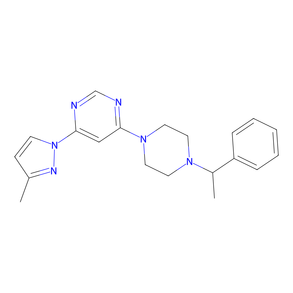 4-(3-methyl-1H-pyrazol-1-yl)-6-[4-(1-phenylethyl)piperazin-1-yl]pyrimidine molecular structure, CAS 2877766-51-1