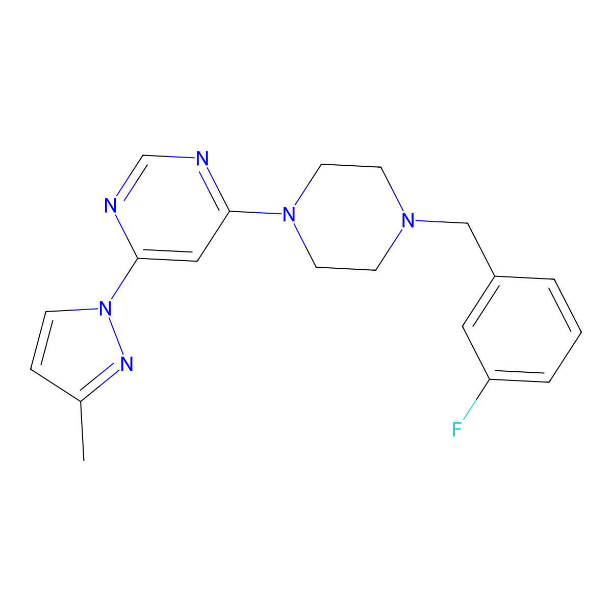 4-{4-[(3-fluorophenyl)methyl]piperazin-1-yl}-6-(3-methyl-1H-pyrazol-1-yl)pyrimidine molecular structure, CAS 2877766-52-2