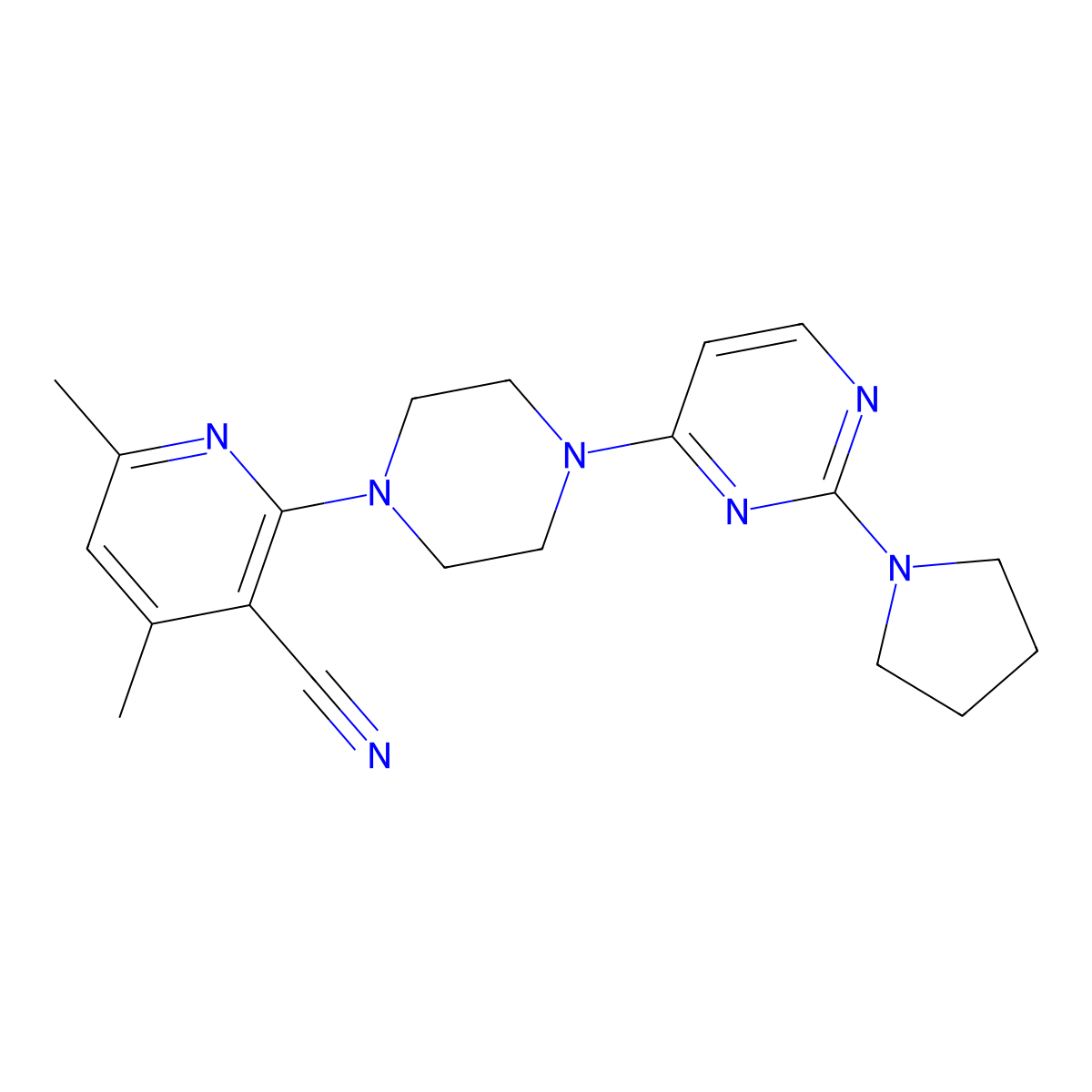 4,6-Dimethyl-2-{4-[2-(pyrrolidin-1-yl)pyrimidin-4-yl]piperazin-1-yl}pyridine-3-carbonitrile molecular structure, CAS 2877766-57-7