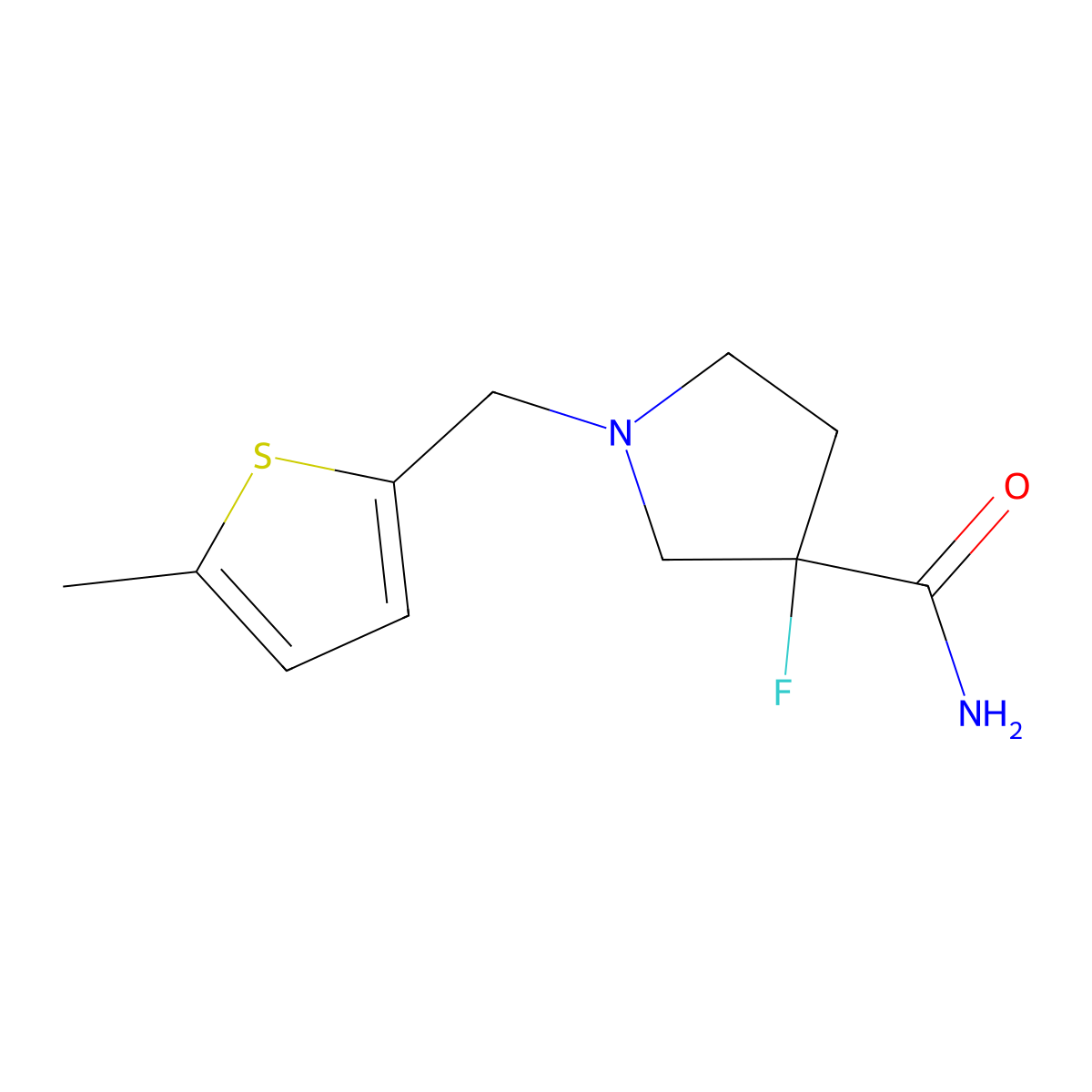 3-Fluoro-1-[(5-methylthiophen-2-yl)methyl]pyrrolidine-3-carboxamide molecular structure, CAS 2877766-59-9