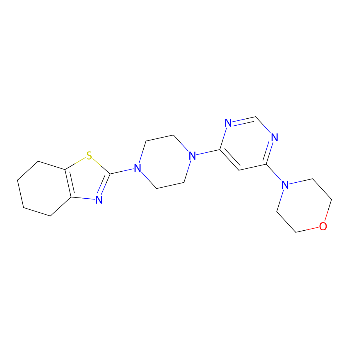2-{4-[6-(Morpholin-4-yl)pyrimidin-4-yl]piperazin-1-yl}-4,5,6,7-tetrahydro-1,3-benzothiazole molecular structure, CAS 2877766-68-0