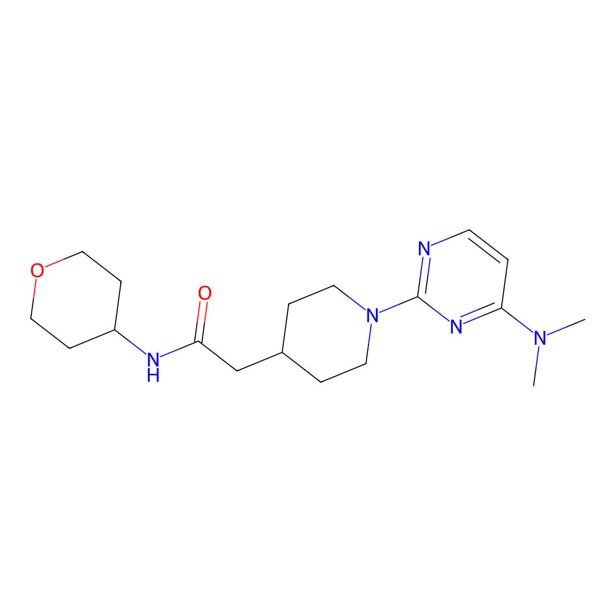 2-{1-[4-(dimethylamino)pyrimidin-2-yl]piperidin-4-yl}-N-(oxan-4-yl)acetamide molecular structure, CAS 2877766-70-4