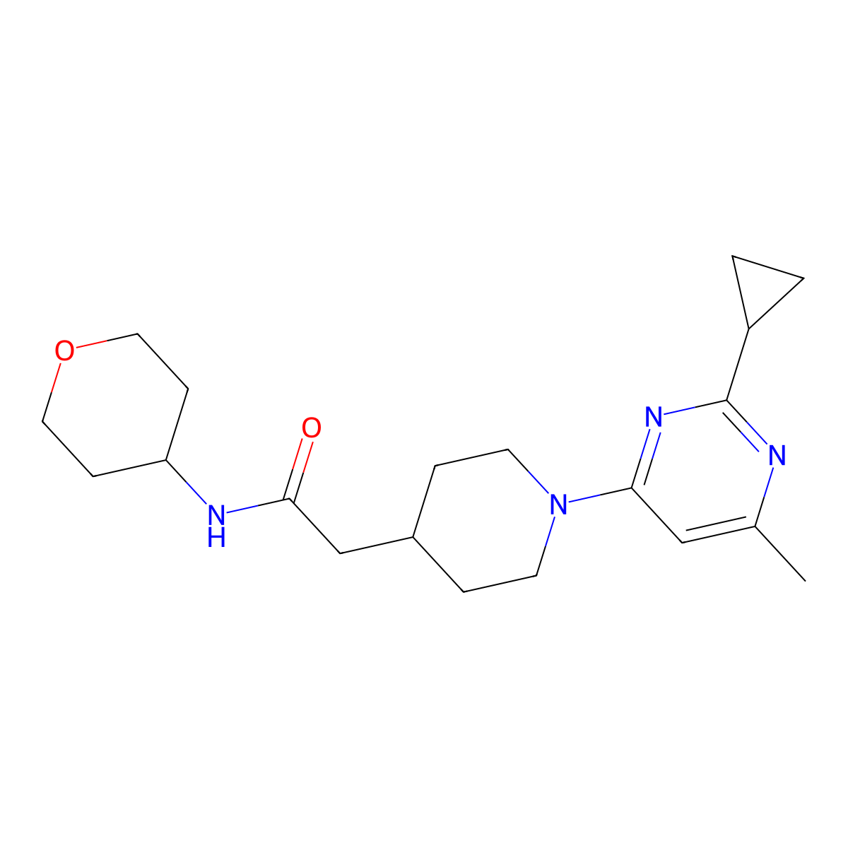 2-[1-(2-cyclopropyl-6-methylpyrimidin-4-yl)piperidin-4-yl]-N-(oxan-4-yl)acetamide molecular structure, CAS 2877766-75-9
