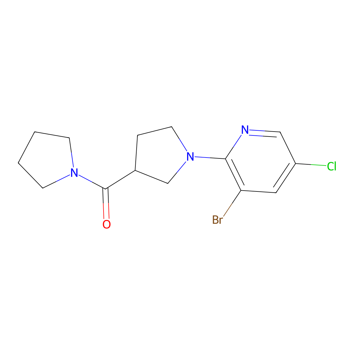 3-Bromo-5-chloro-2-[3-(pyrrolidine-1-carbonyl)pyrrolidin-1-yl]pyridine molecular structure, CAS 2877766-76-0