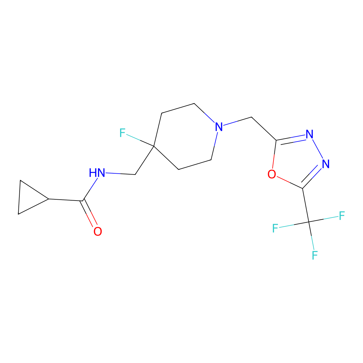 N-[(4-fluoro-1-{[5-(trifluoromethyl)-1,3,4-oxadiazol-2-yl]methyl}piperidin-4-yl)methyl]cyclopropanecarboxamide molecular structure, CAS 2877766-79-3