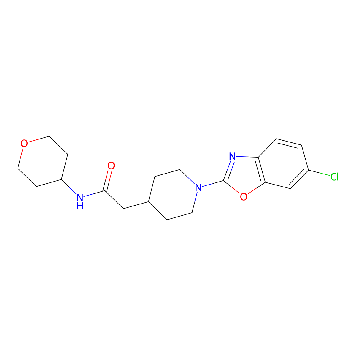 2-[1-(6-chloro-1,3-benzoxazol-2-yl)piperidin-4-yl]-N-(oxan-4-yl)acetamide molecular structure, CAS 2877766-81-7