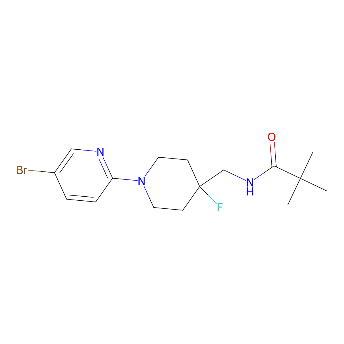 N-{[1-(5-bromopyridin-2-yl)-4-fluoropiperidin-4-yl]methyl}-2,2-dimethylpropanamide molecular structure, CAS 2877766-83-9