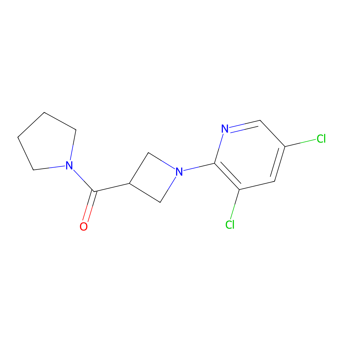 3,5-Dichloro-2-[3-(pyrrolidine-1-carbonyl)azetidin-1-yl]pyridine molecular structure, CAS 2877766-85-1