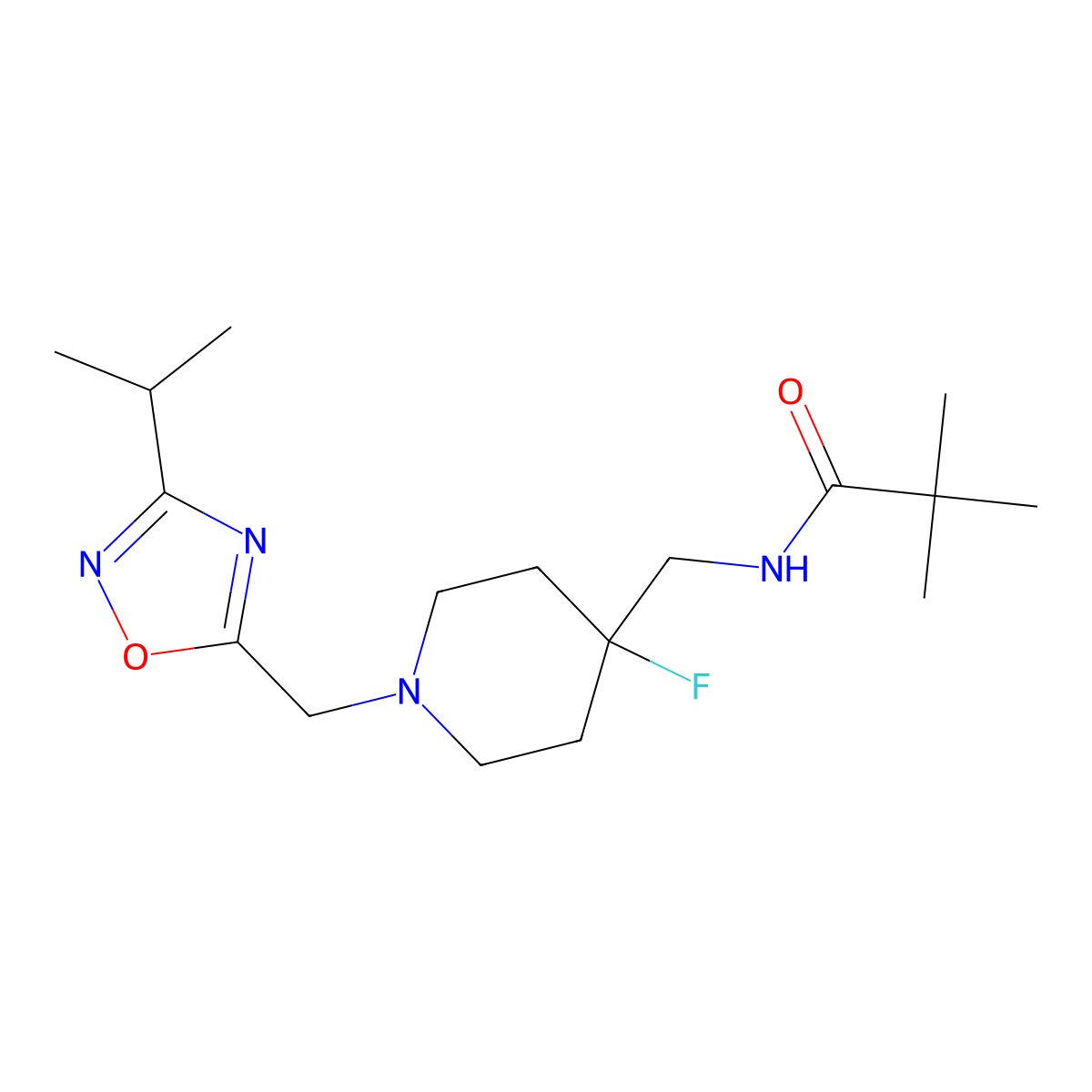 N-[(4-fluoro-1-{[3-(propan-2-yl)-1,2,4-oxadiazol-5-yl]methyl}piperidin-4-yl)methyl]-2,2-dimethylpropanamide molecular structure, CAS 2877766-86-2