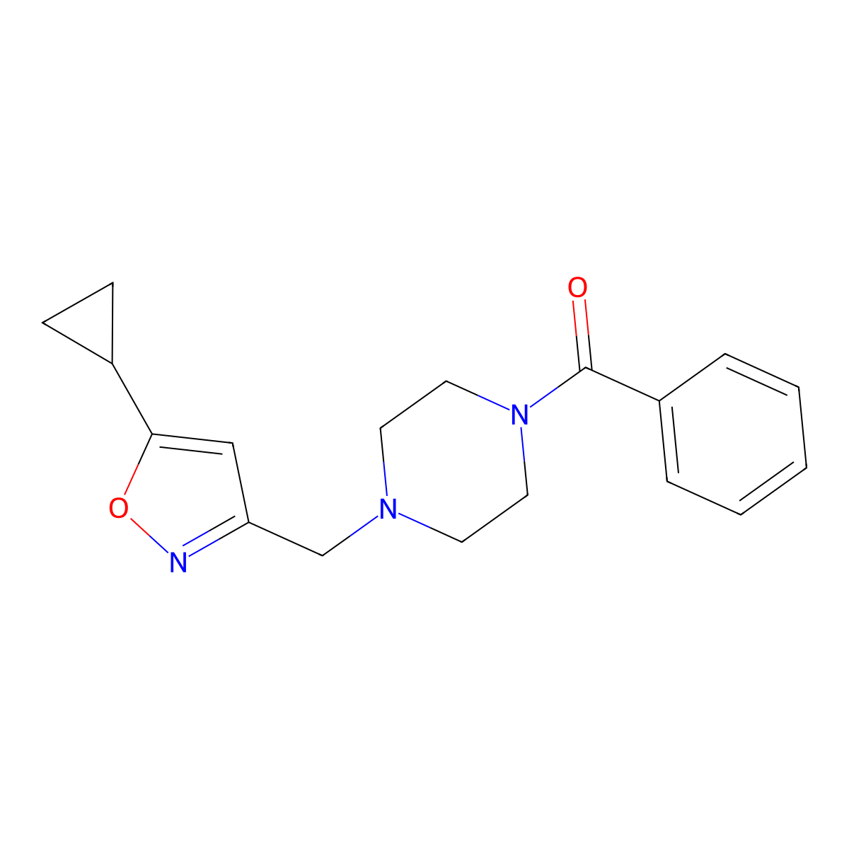 1-Benzoyl-4-[(5-cyclopropyl-1,2-oxazol-3-yl)methyl]piperazine molecular structure, CAS 2877766-87-3