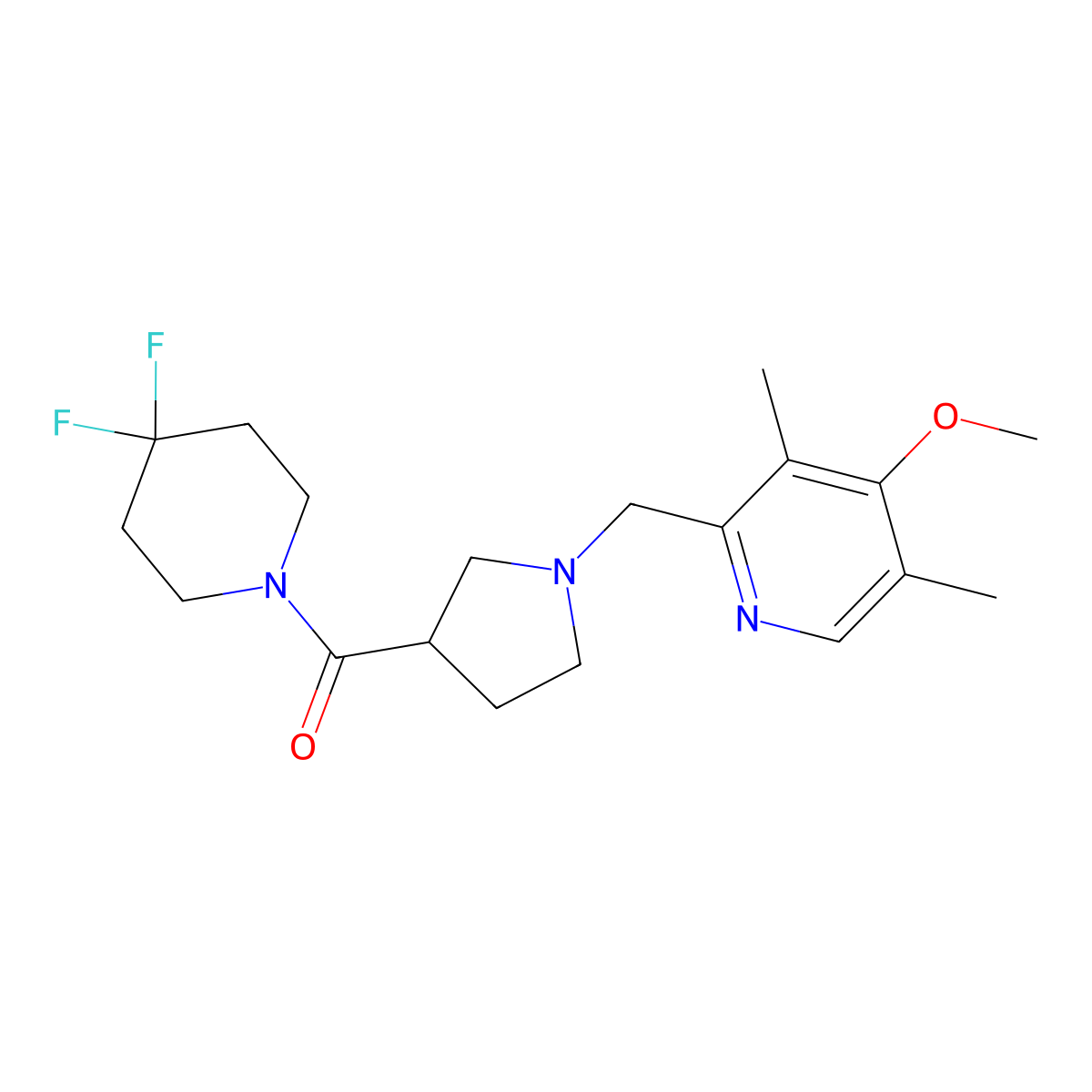 2-{[3-(4,4-Difluoropiperidine-1-carbonyl)pyrrolidin-1-yl]methyl}-4-methoxy-3,5-dimethylpyridine molecular structure, CAS 2877766-91-9