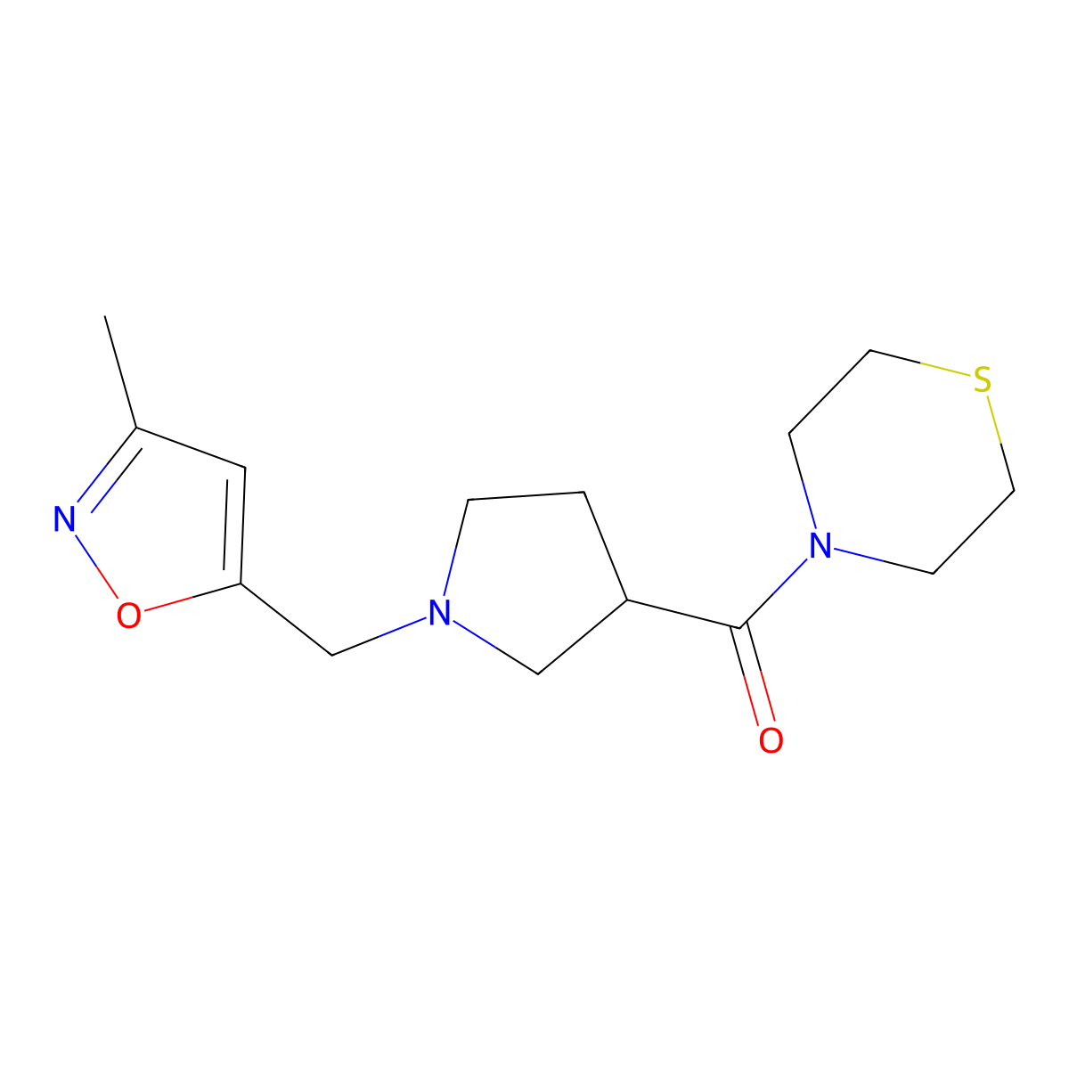 4-{1-[(3-Methyl-1,2-oxazol-5-yl)methyl]pyrrolidine-3-carbonyl}thiomorpholine molecular structure, CAS 2877766-92-0