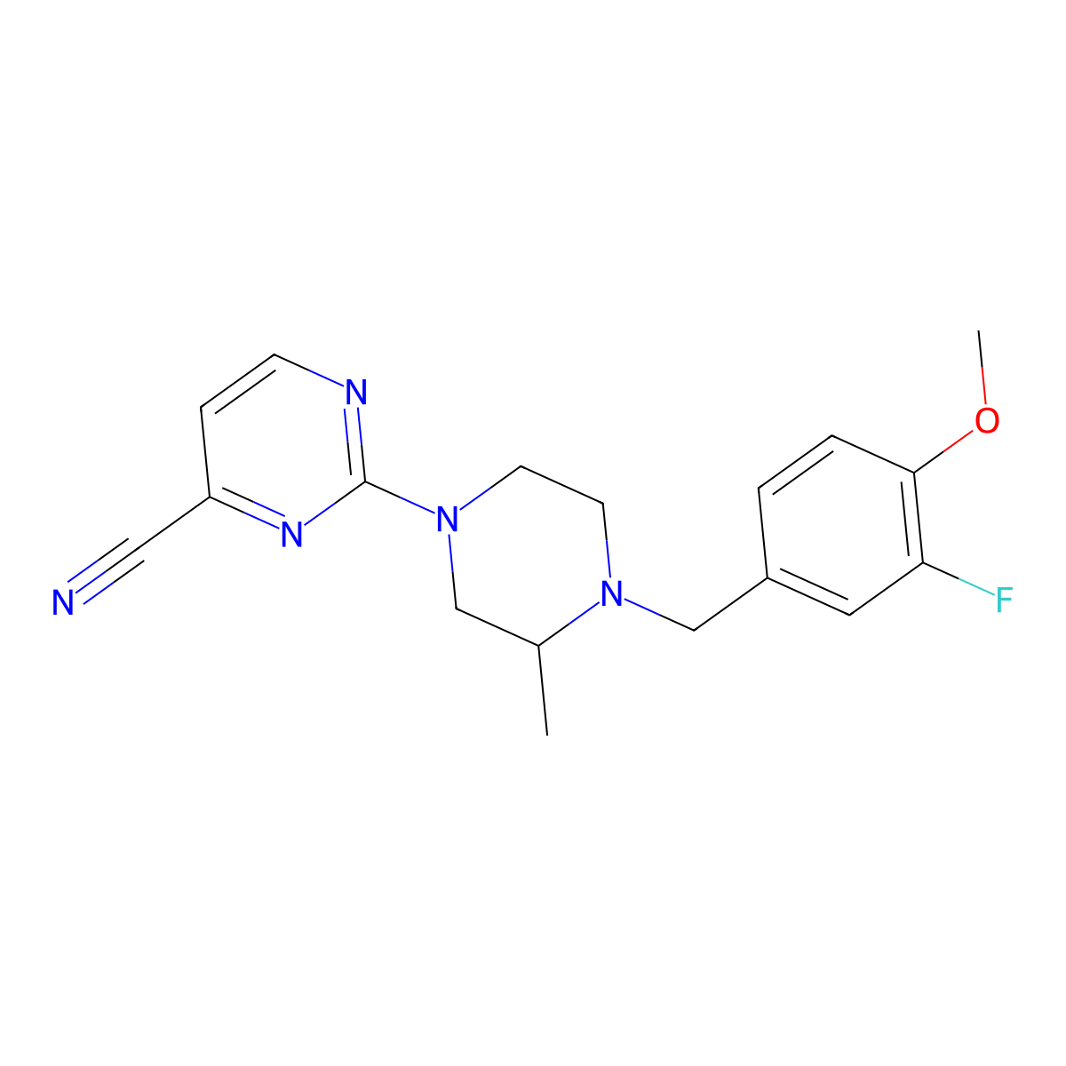 2-{4-[(3-Fluoro-4-methoxyphenyl)methyl]-3-methylpiperazin-1-yl}pyrimidine-4-carbonitrile molecular structure, CAS 2877766-93-1
