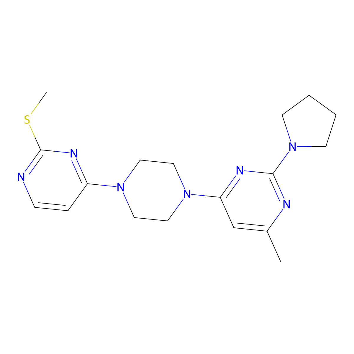 4-Methyl-6-{4-[2-(methylsulfanyl)pyrimidin-4-yl]piperazin-1-yl}-2-(pyrrolidin-1-yl)pyrimidine molecular structure, CAS 2877766-94-2