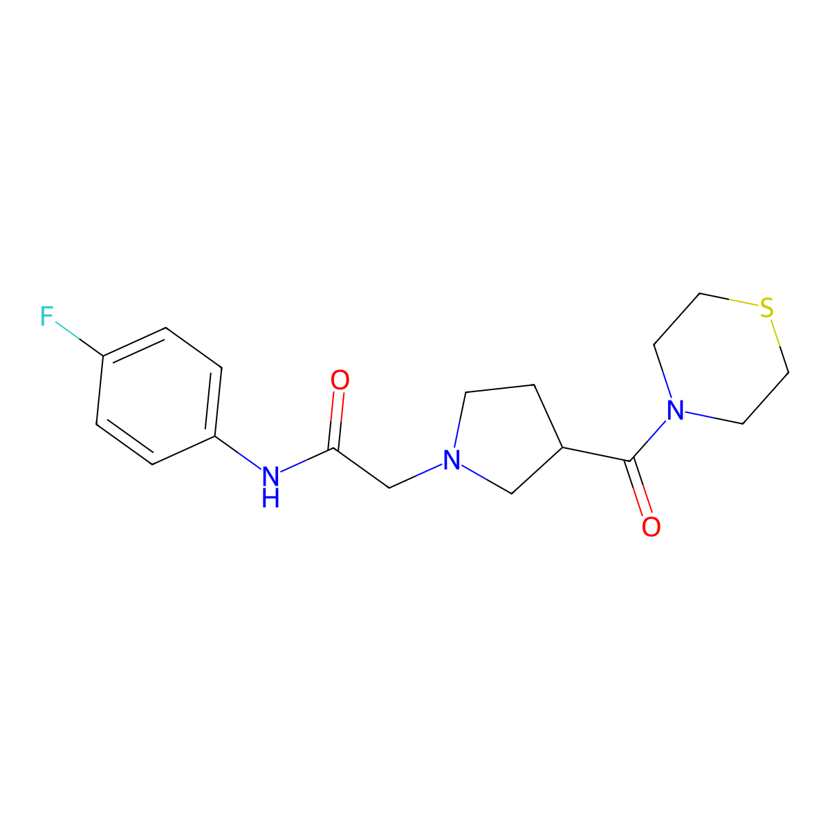 N-(4-fluorophenyl)-2-[3-(thiomorpholine-4-carbonyl)pyrrolidin-1-yl]acetamide molecular structure, CAS 2877767-03-6