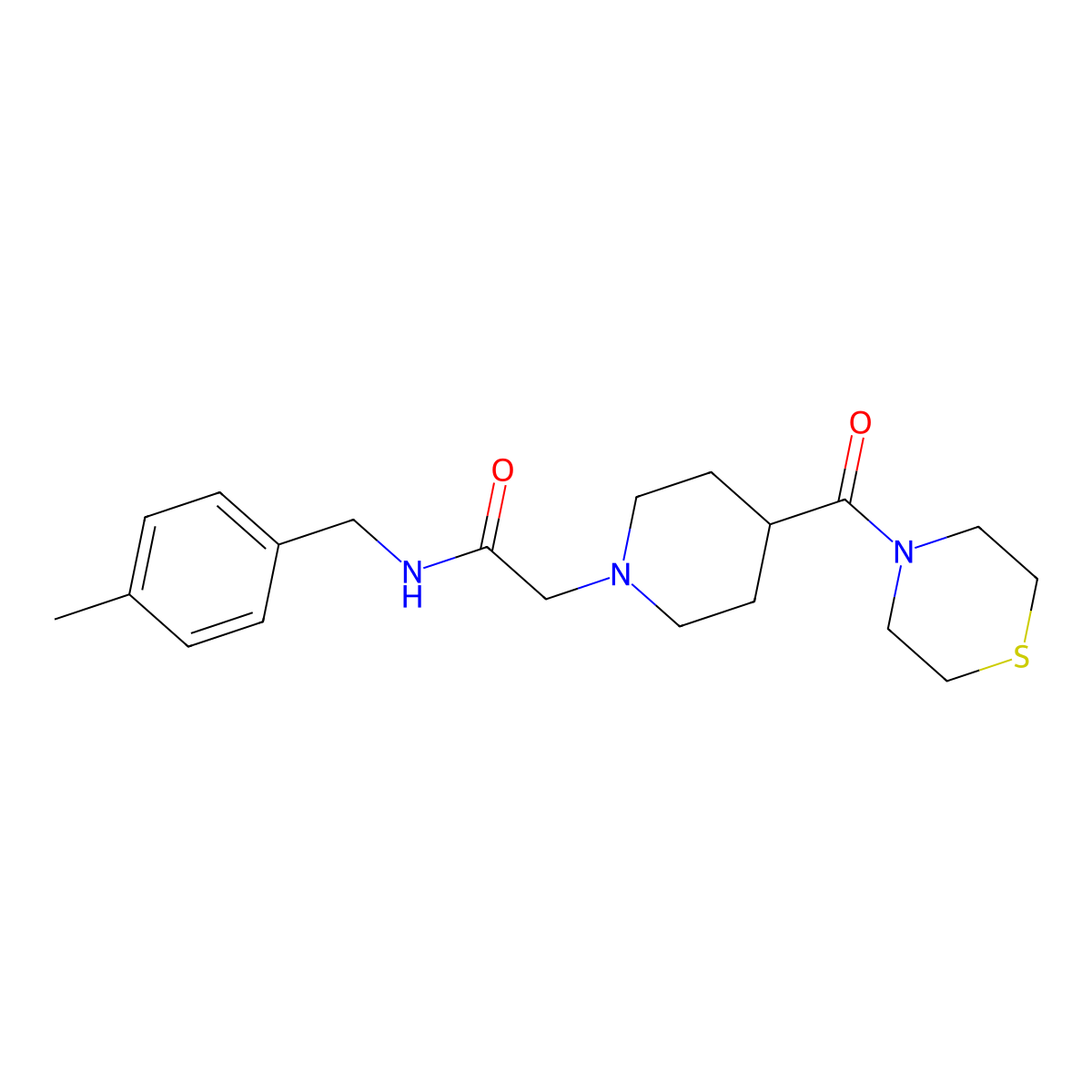 N-[(4-methylphenyl)methyl]-2-[4-(thiomorpholine-4-carbonyl)piperidin-1-yl]acetamide molecular structure, CAS 2877767-07-0