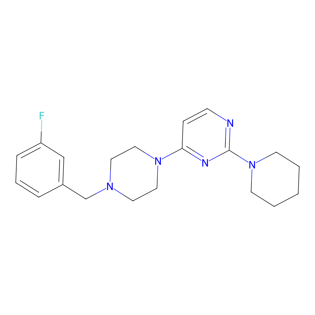 4-{4-[(3-Fluorophenyl)methyl]piperazin-1-yl}-2-(piperidin-1-yl)pyrimidine molecular structure, CAS 2877767-14-9