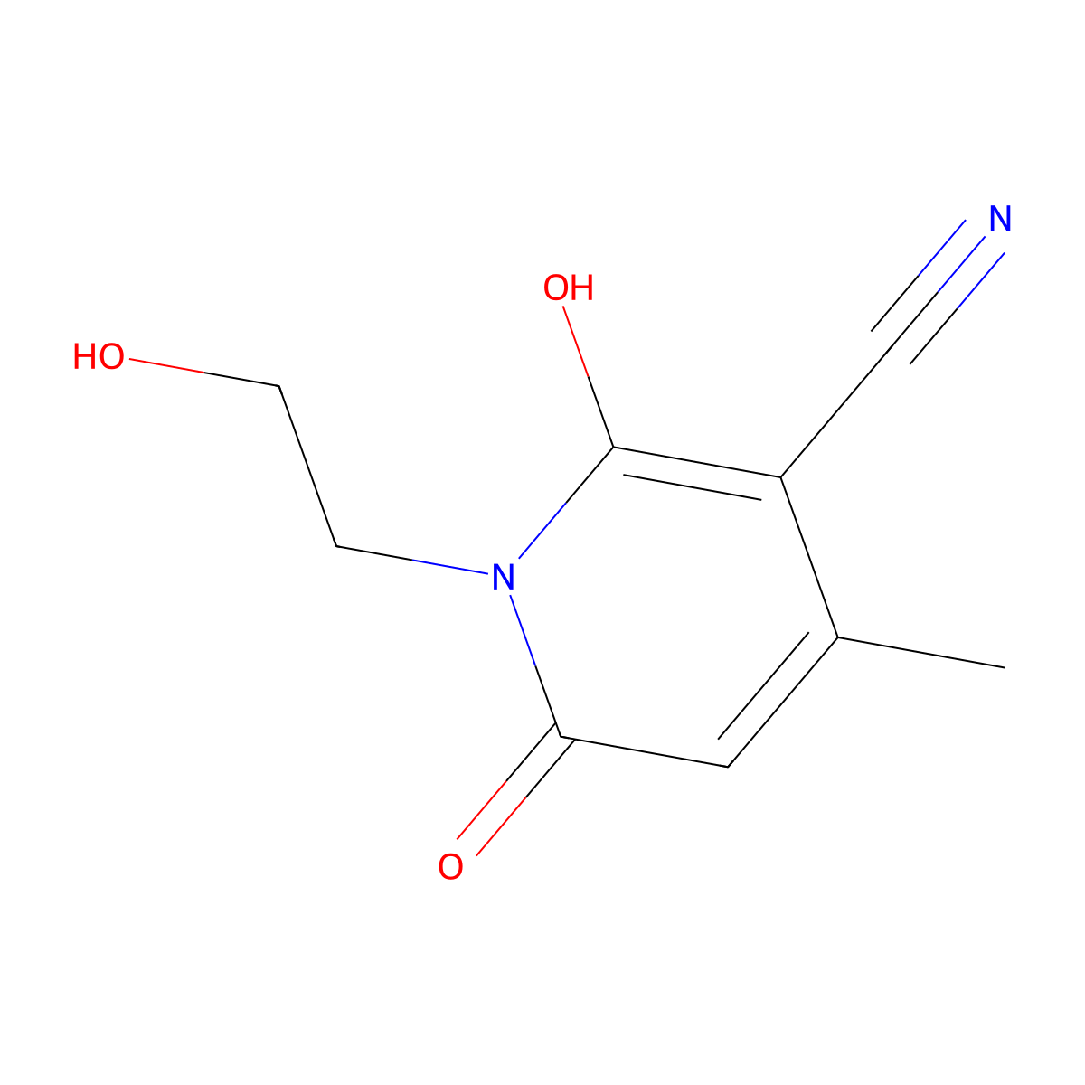6-Hydroxy-1-(2-hydroxyethyl)-4-methyl-2-oxo-1,2-dihydropyridine-3-carbonitrile molecular structure, CAS 28799-82-8