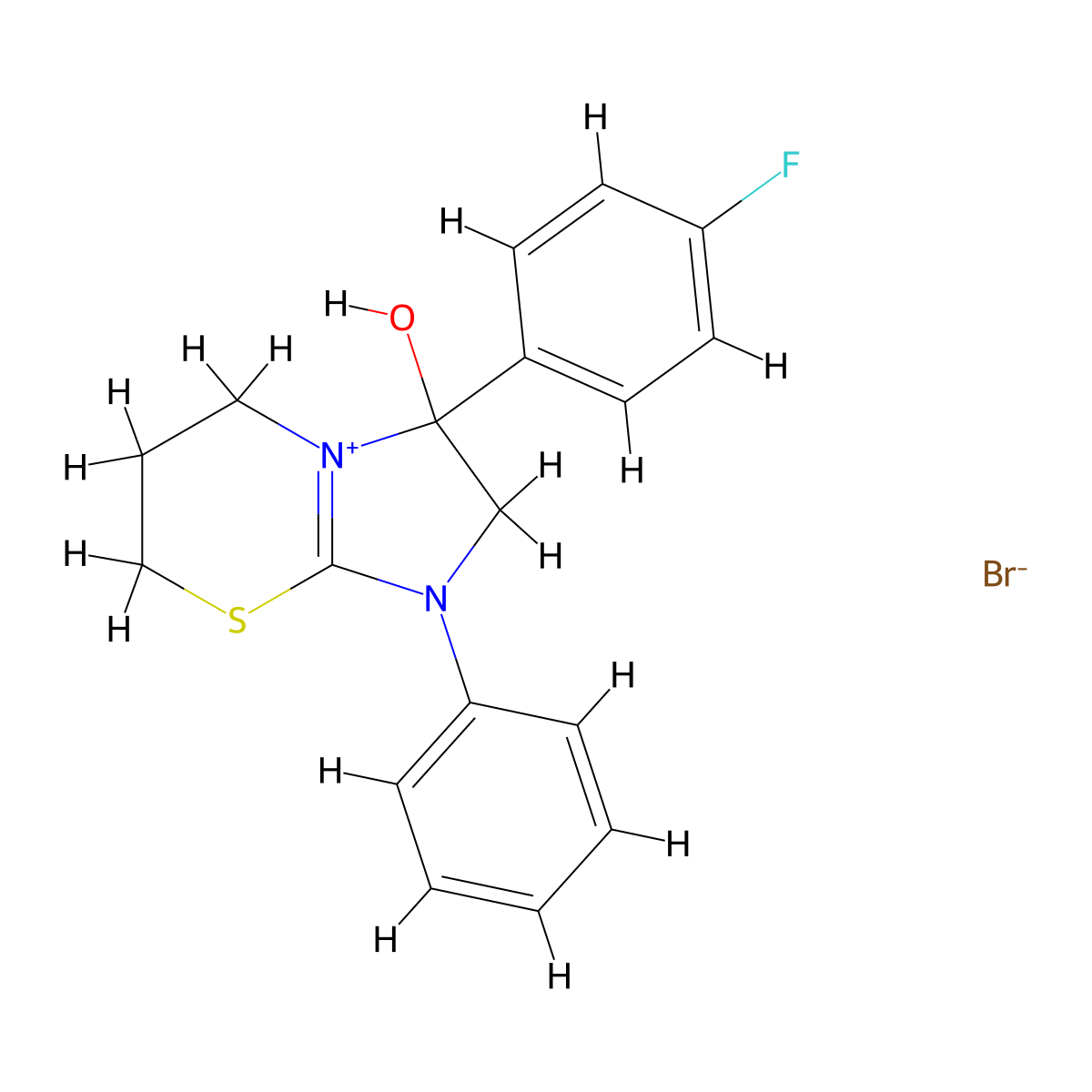 3-(4-fluorophenyl)-3-hydroxy-1-phenyl-3,5,6,7-tetrahydro-2H-imidazo[2,1-b][1,3]thiazin-1-ium bromide molecular structure, CAS 288090-62-0