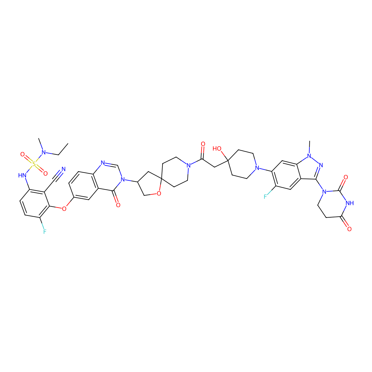 N'-[2-Cyano-4-fluoro-3-[[3-[(3R)-8-[2-[1-[5-fluoro-1-methyl-3-(tetrahydro-2,4-dioxo-1(2H)-pyrimidinyl)-1H-indazol-6-yl]-4-hydroxy-4-piperidinyl]acetyl]-1-oxa-8-azaspiro[4.5]dec-3-yl]-3,4-dihydro-4-oxo-6-quinazolinyl]oxy]phenyl]-N-ethyl-N-methylsulfamide molecular structure, CAS 2882165-79-7