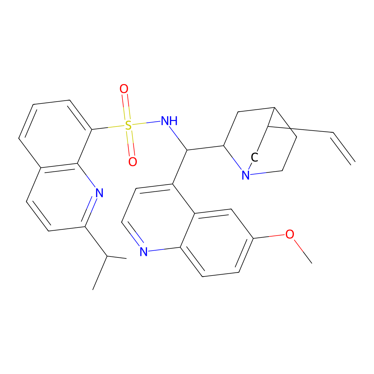 2-Isopropyl-N-((S)-(6-methoxyquinolin-4-yl)((1S,2S,4S,5R)-5-vinylquinuclidin-2-yl)methyl)quinoline-8-sulfonamide molecular structure, CAS 2882204-93-3