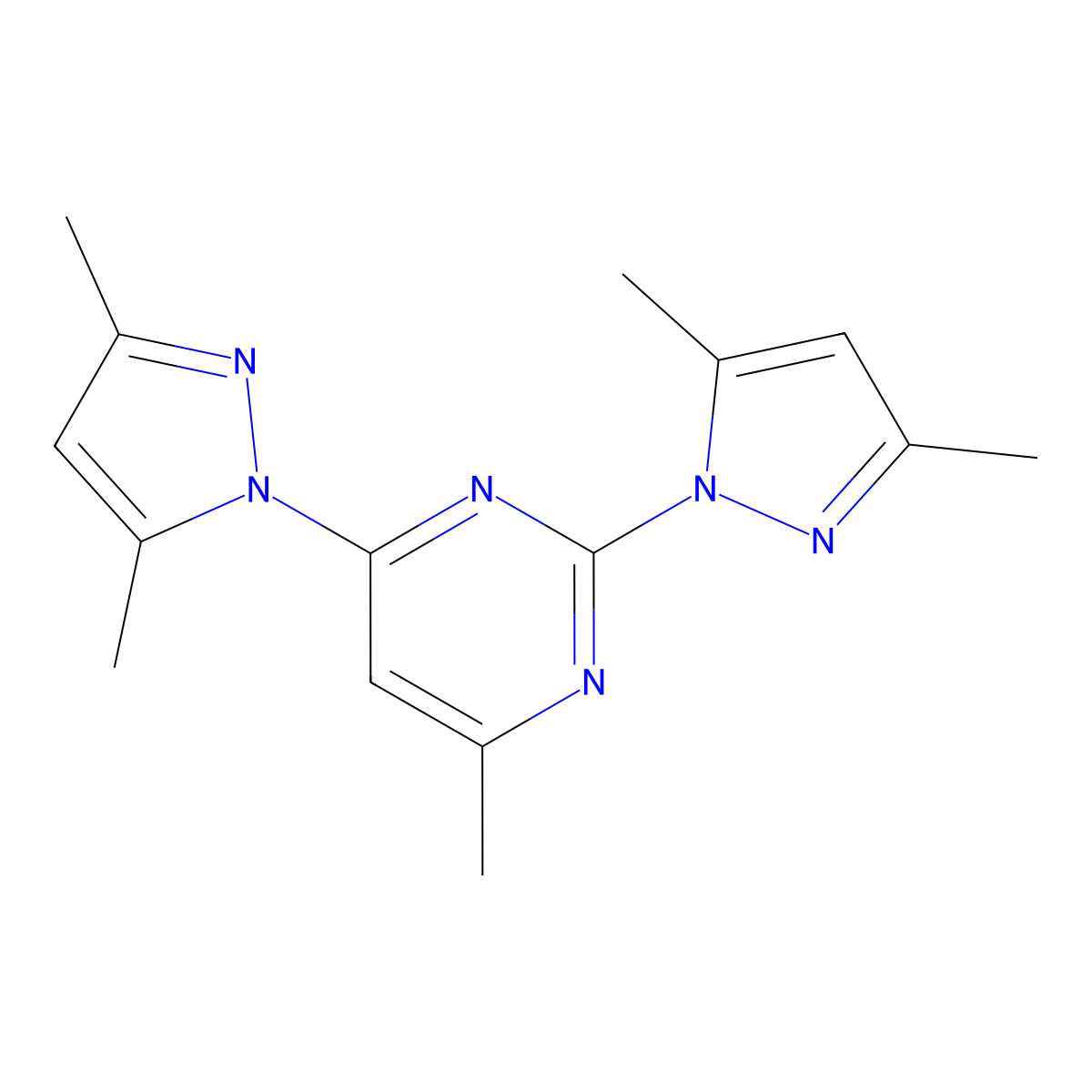 2,4-bis(3,5-dimethyl-1H-pyrazol-1-yl)-6-methylpyrimidine molecular structure, CAS 28831-59-6