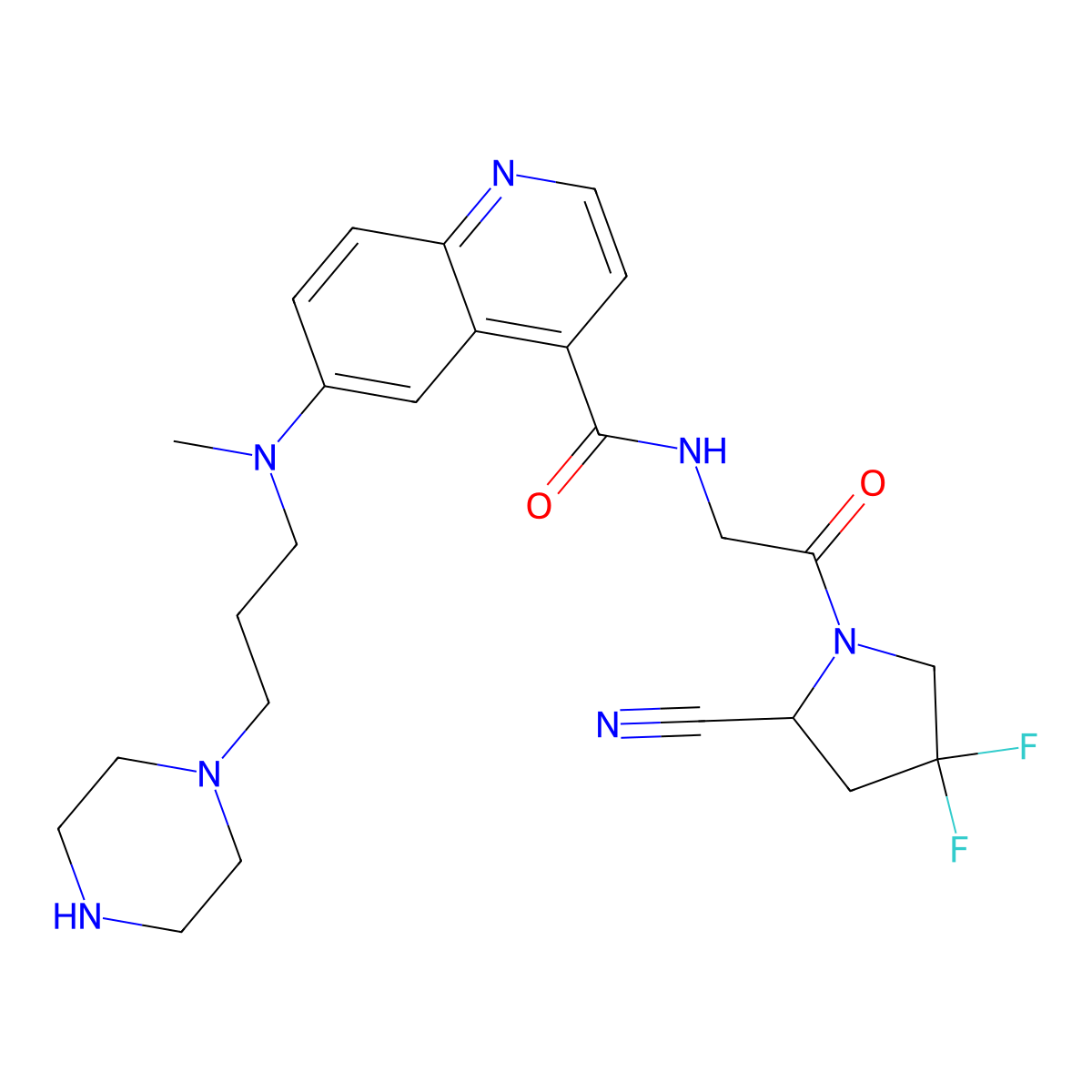 (s)-N-(2-(2-cyano-4,4-difluoropyrrolidin-1-yl)-2-oxoethyl)-6-(methyl(3-(piperazin-1-yl)propyl)amino)quinoline-4-carboxamide molecular structure, CAS 2883407-81-4