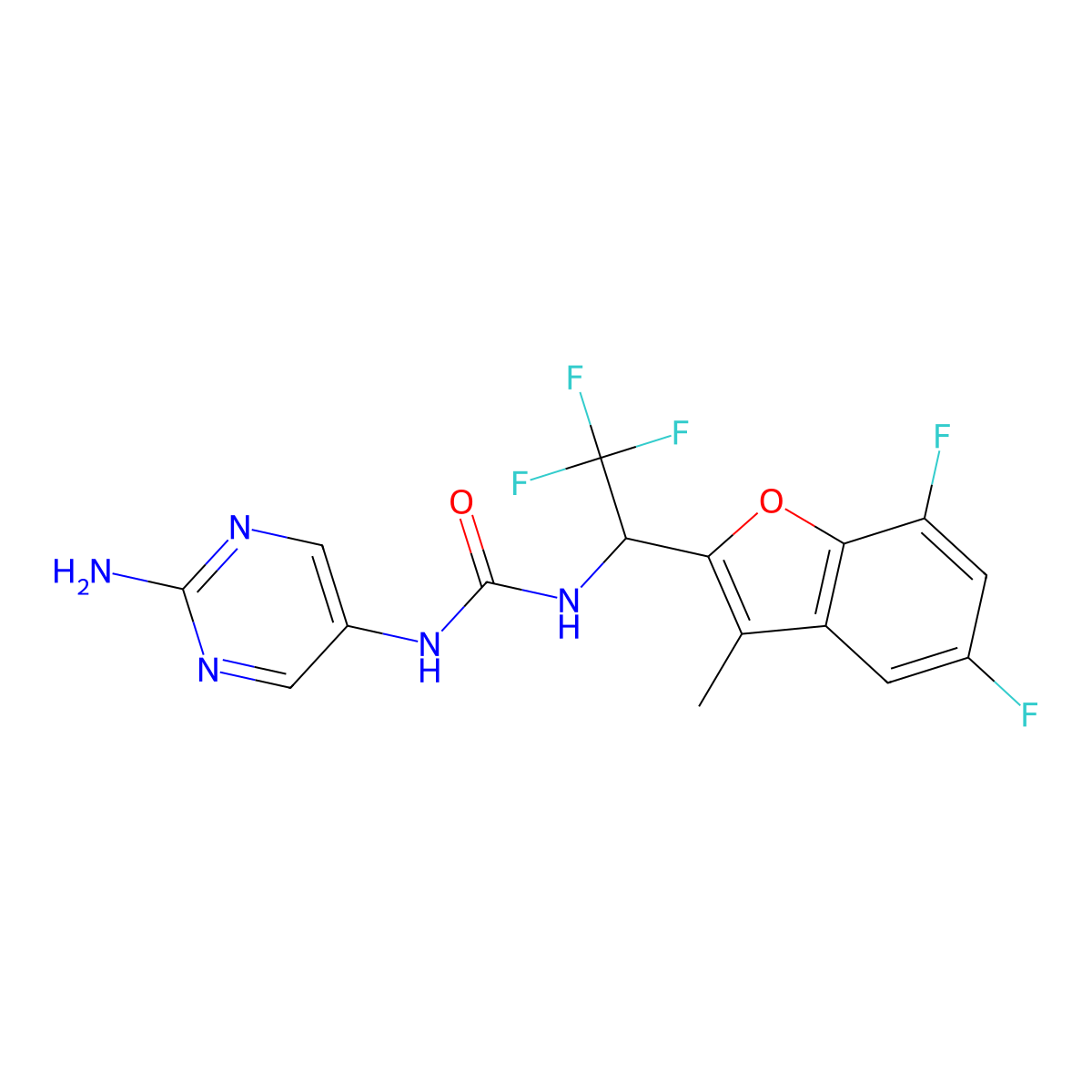 1-(2-aminopyrimidin-5-yl)-3-[(1S)-1-(5,7-difluoro-3-methyl-1-benzofuran-2-yl)-2,2,2-trifluoroethyl]urea molecular structure, CAS 2883540-91-6