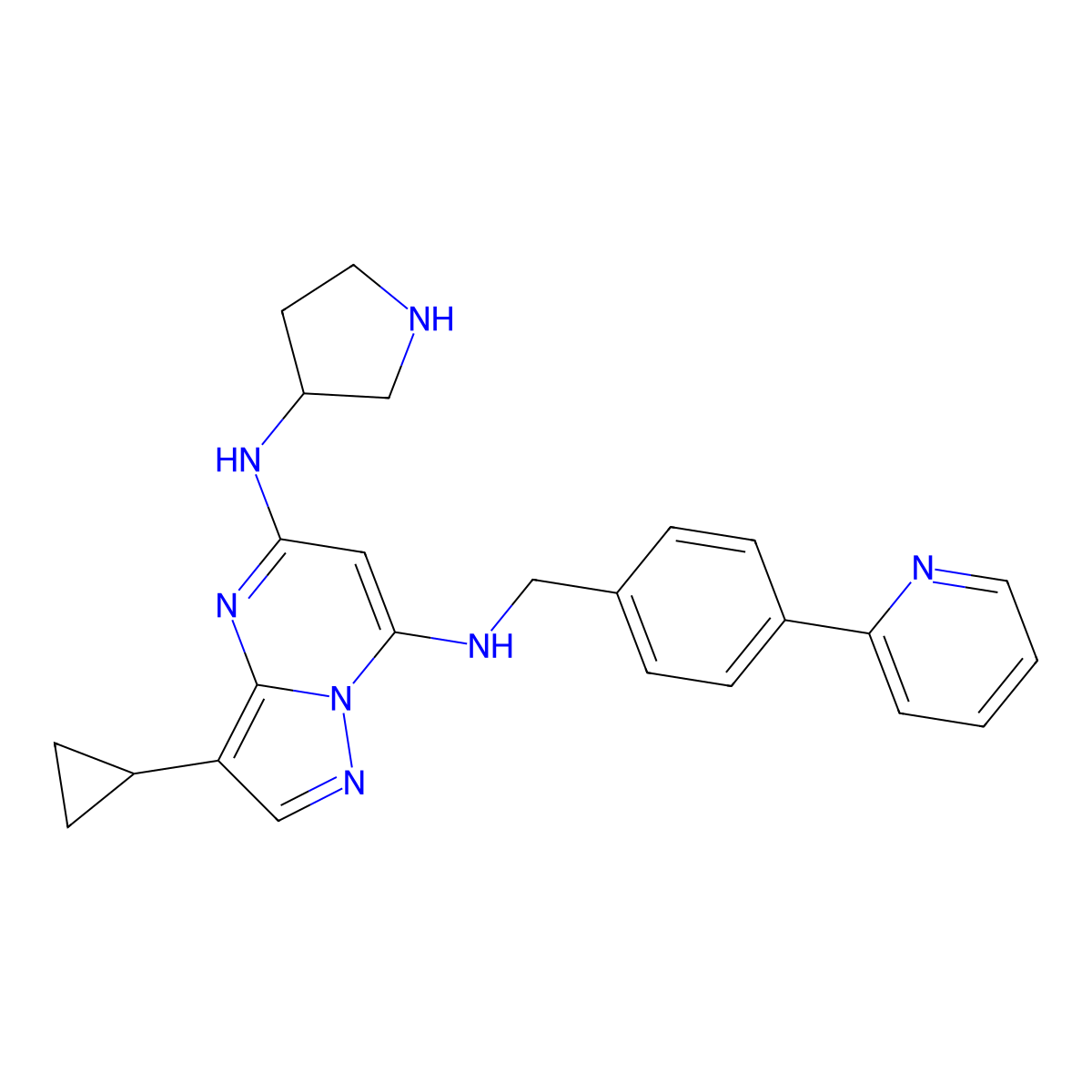 3-cyclopropyl-7-N-[(4-pyridin-2-ylphenyl)methyl]-5-N-[(3S)-pyrrolidin-3-yl]pyrazolo[1,5-a]pyrimidine-5,7-diamine molecular structure, CAS 2883700-83-0