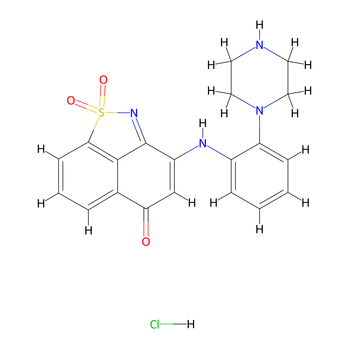2,2-Dioxo-5-(2-piperazin-1-ylanilino)-2lambda6-thia-3-azatricyclo[6.3.1.04,12]dodeca-1(11),3,5,8(12),9-pentaen-7-one;hydrochloride molecular structure, CAS 2883813-32-7