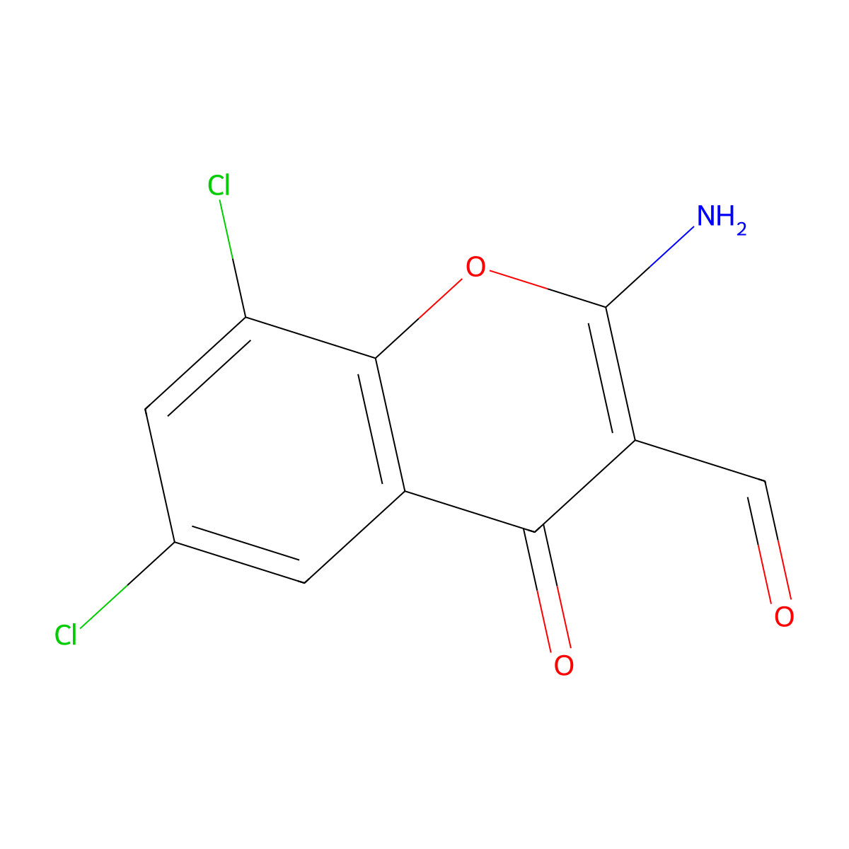 2-Amino-6,8-dichloro-4-oxochromene-3-carbaldehyde molecular structure, CAS 288399-45-1