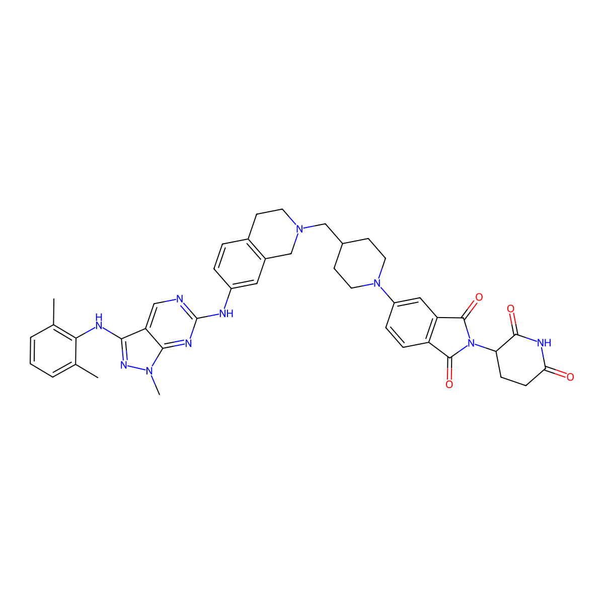 5-[4-[[7-[[3-(2,6-dimethylanilino)-1-methylpyrazolo[3,4-d]pyrimidin-6-yl]amino]-3,4-dihydro-1H-isoquinolin-2-yl]methyl]piperidin-1-yl]-2-(2,6-dioxopiperidin-3-yl)isoindole-1,3-dione molecular structure, CAS 2884554-45-2