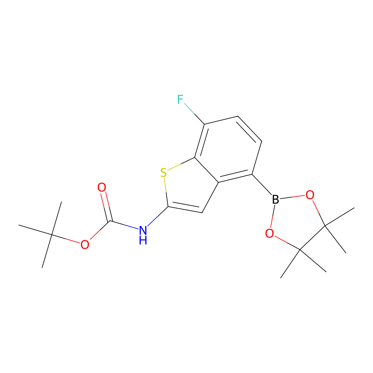 tert-Butyl (7-fluoro-4-(4,4,5,5-tetramethyl-1,3,2-dioxaborolan-2-yl)benzo[b]thiophen-2-yl)carbamate molecular structure, CAS 2886012-49-1