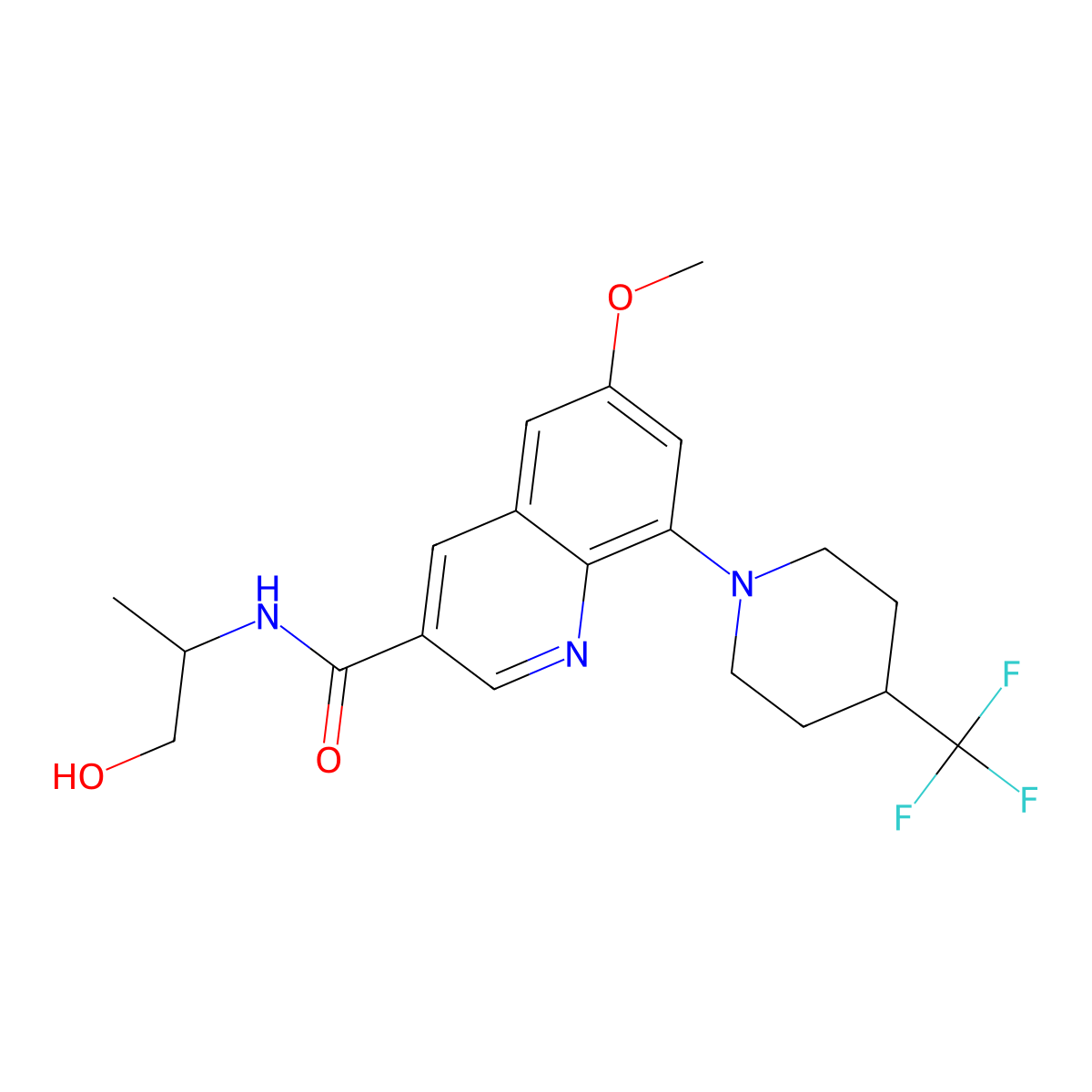 (R)-N-(1-hydroxypropan-2-yl)-6-methoxy-8-(4-(trifluoromethyl)piperidin-1-yl)quinoline-3-carboxamide molecular structure, CAS 2886701-57-9