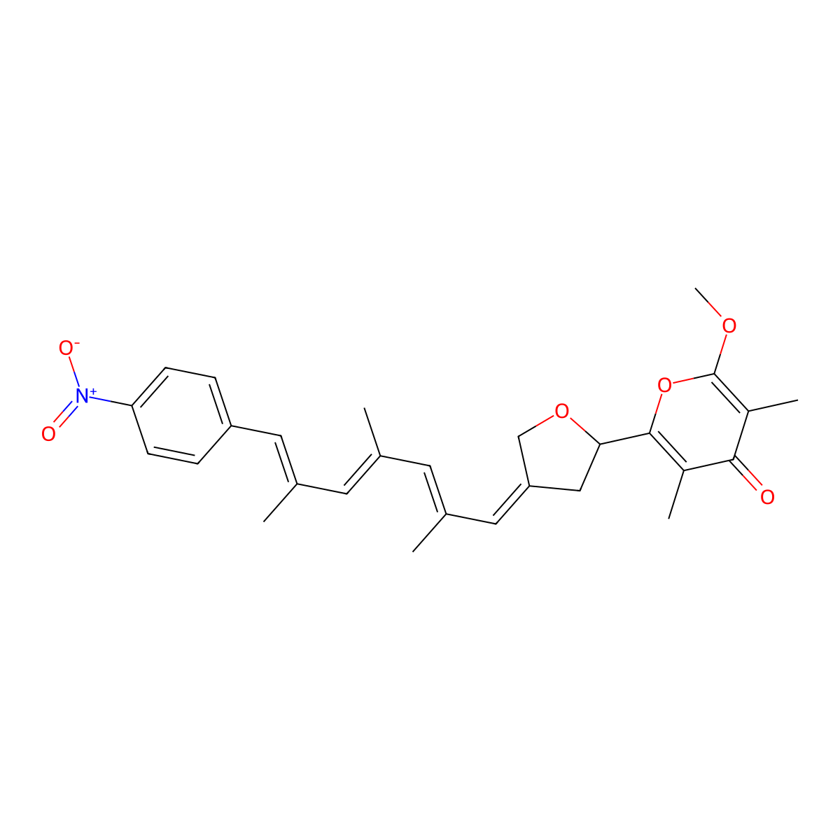 2-Methoxy-3,5-dimethyl-6-[4-[2,4,6-trimethyl-7-(4-nitrophenyl)hepta-2,4,6-trienylidene]oxolan-2-yl]pyran-4-one molecular structure, CAS 28900-27-8
