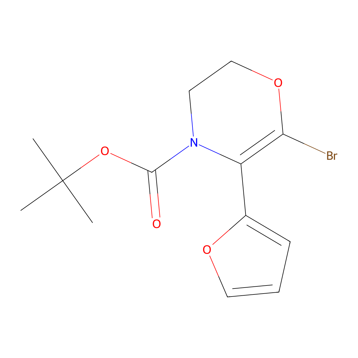 tert-butyl 6-bromo-5-(furan-2-yl)-2,3-dihydro-4H-1,4-oxazine-4-carboxylate molecular structure, CAS 2891510-80-6