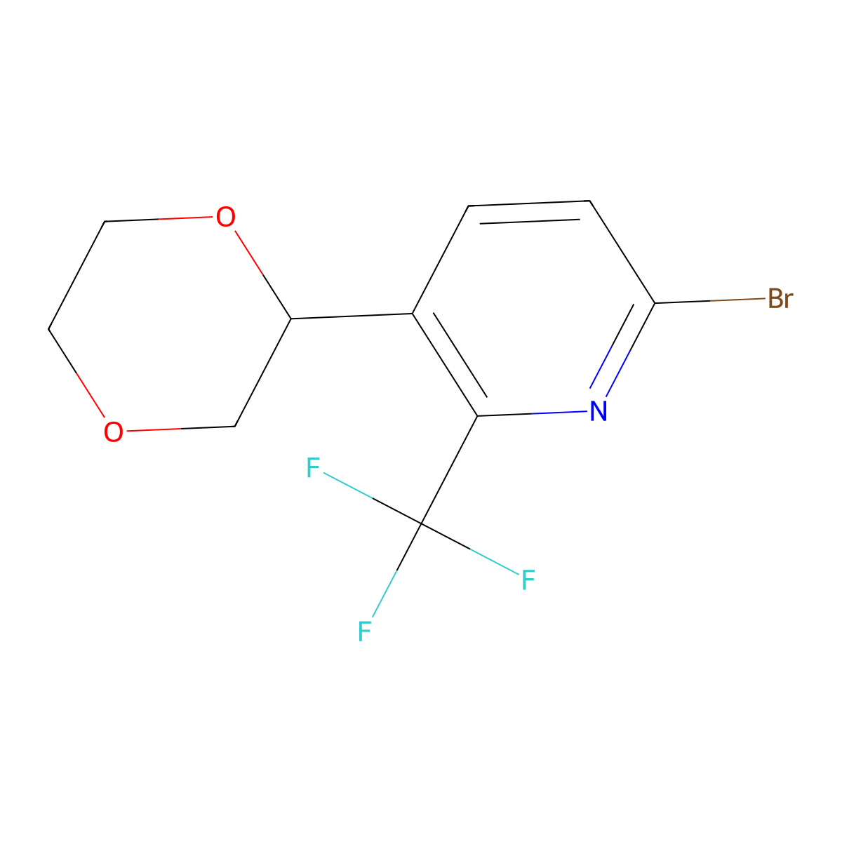 6-Bromo-3-(1,4-dioxan-2-yl)-2-(trifluoromethyl)pyridine molecular structure, CAS 2891512-16-4