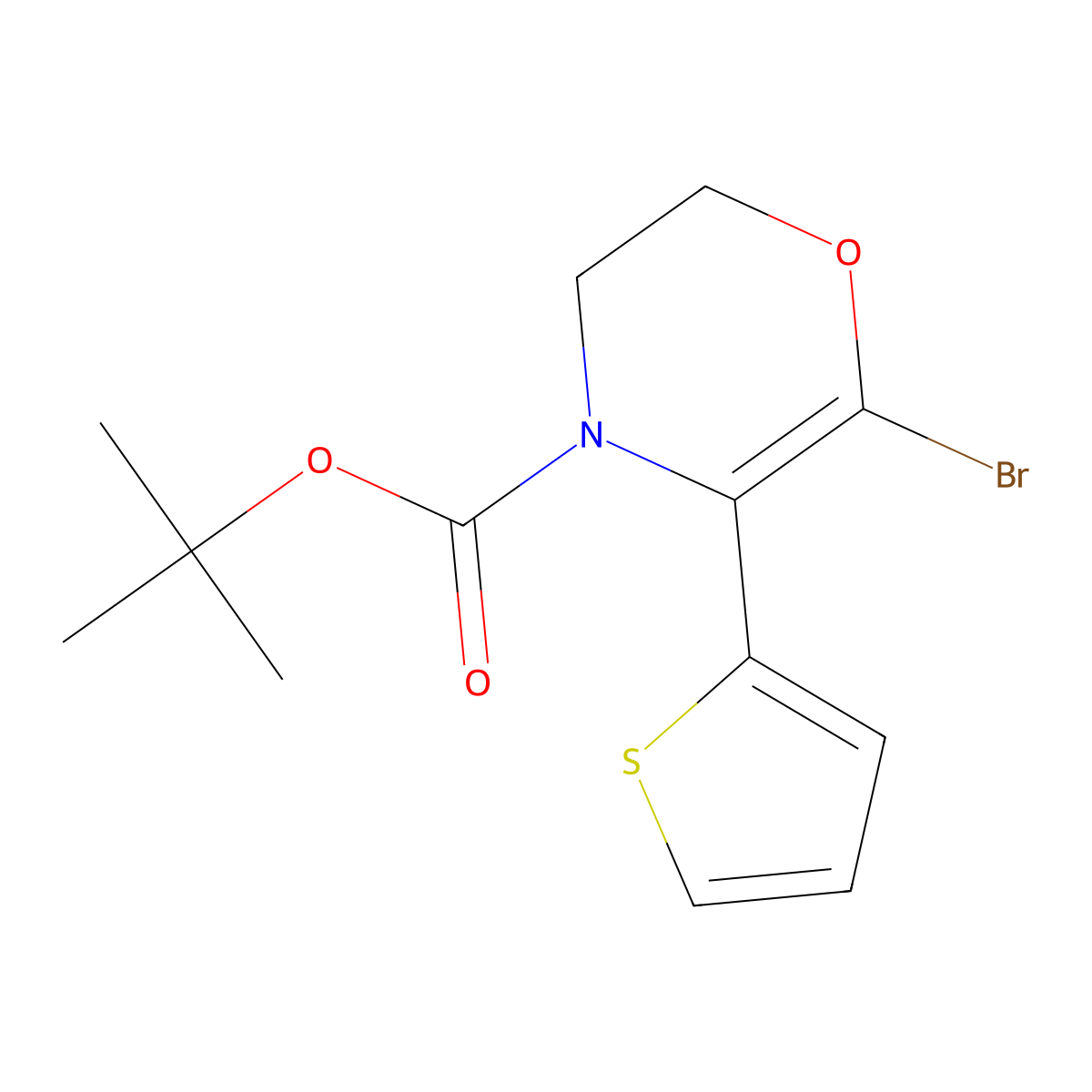 tert-butyl 6-bromo-5-(thiophen-2-yl)-2,3-dihydro-4H-1,4-oxazine-4-carboxylate molecular structure, CAS 2891518-28-6