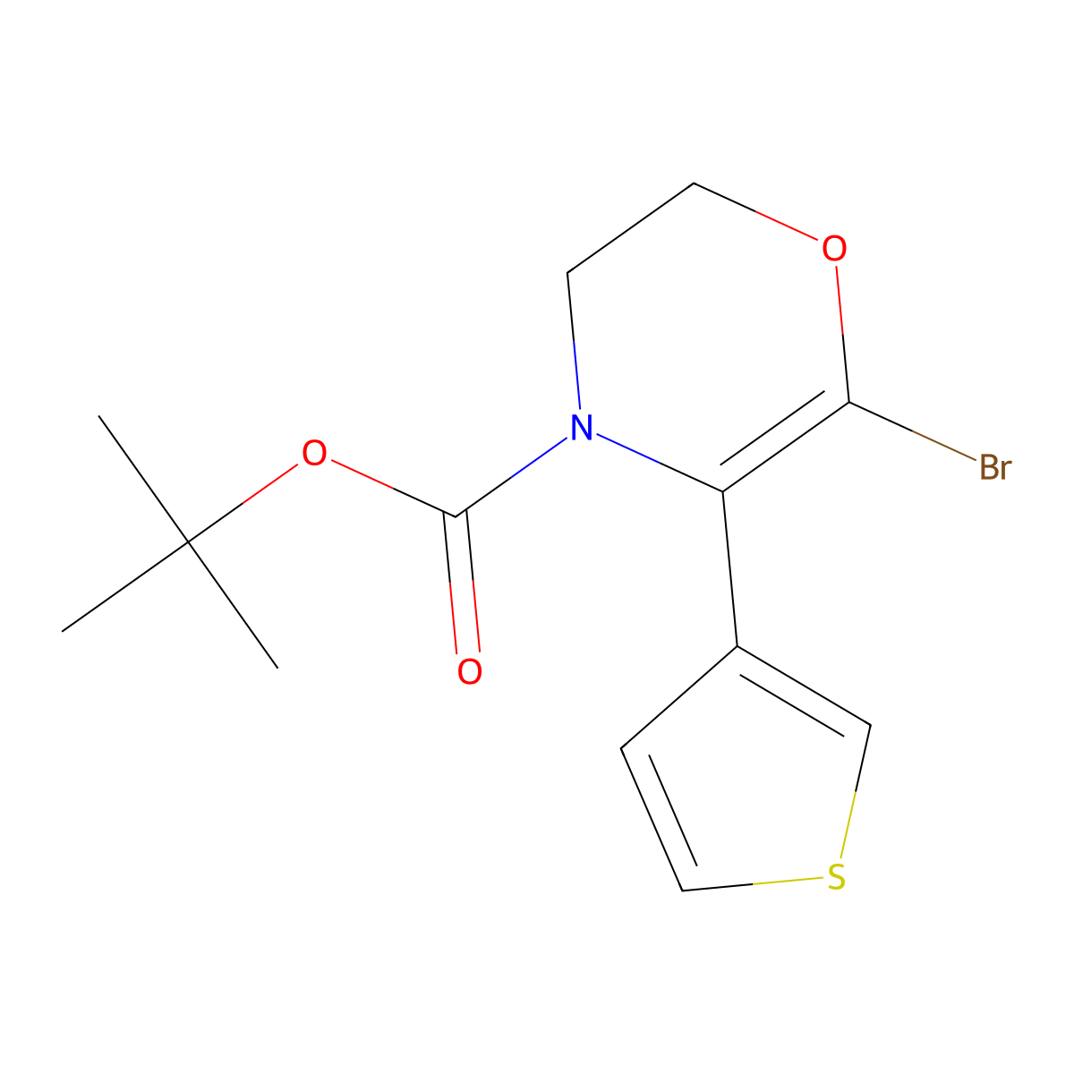 tert-butyl 6-bromo-5-(thiophen-3-yl)-2,3-dihydro-4H-1,4-oxazine-4-carboxylate molecular structure, CAS 2891519-02-9