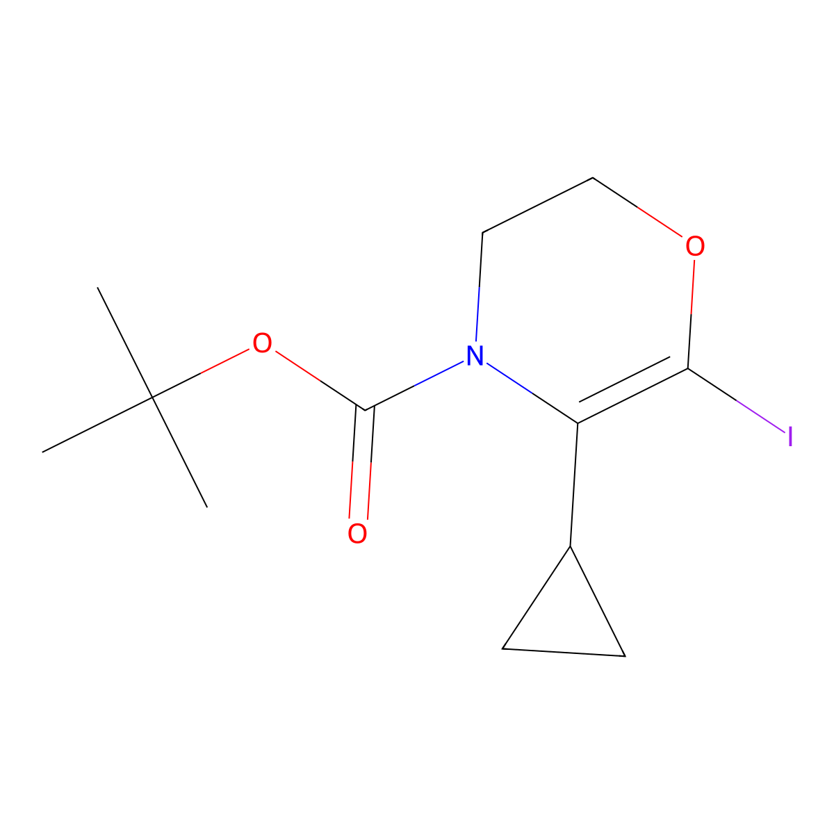 tert-butyl 5-cyclopropyl-6-iodo-2,3-dihydro-4H-1,4-oxazine-4-carboxylate molecular structure, CAS 2891520-54-8