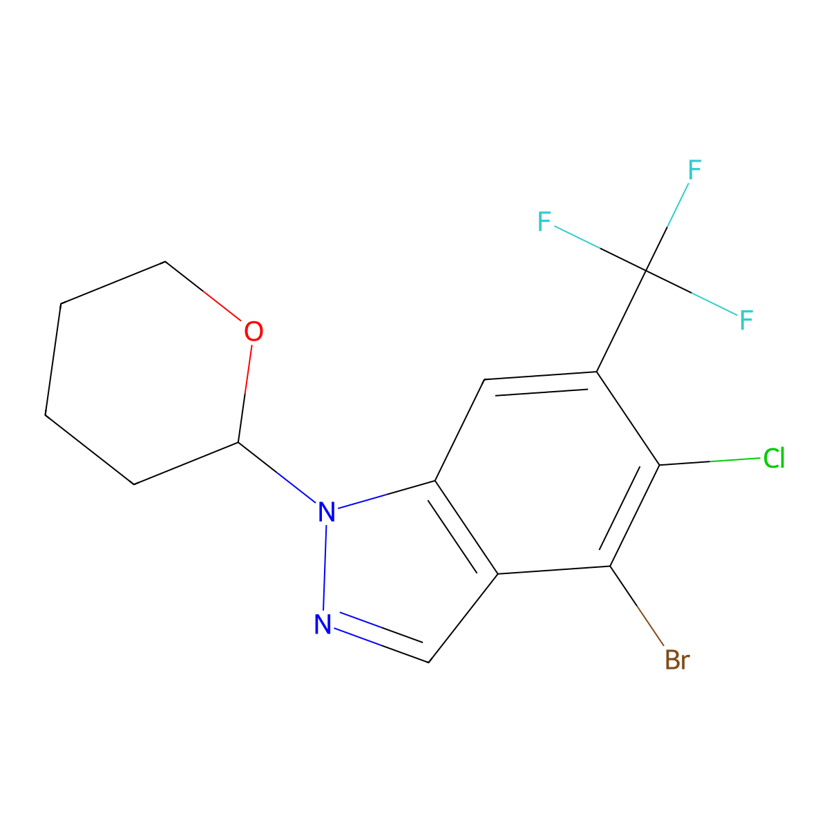 4-Bromo-5-chloro-1-tetrahydropyran-2-yl-6-(trifluoromethyl)indazole molecular structure, CAS 2891597-58-1