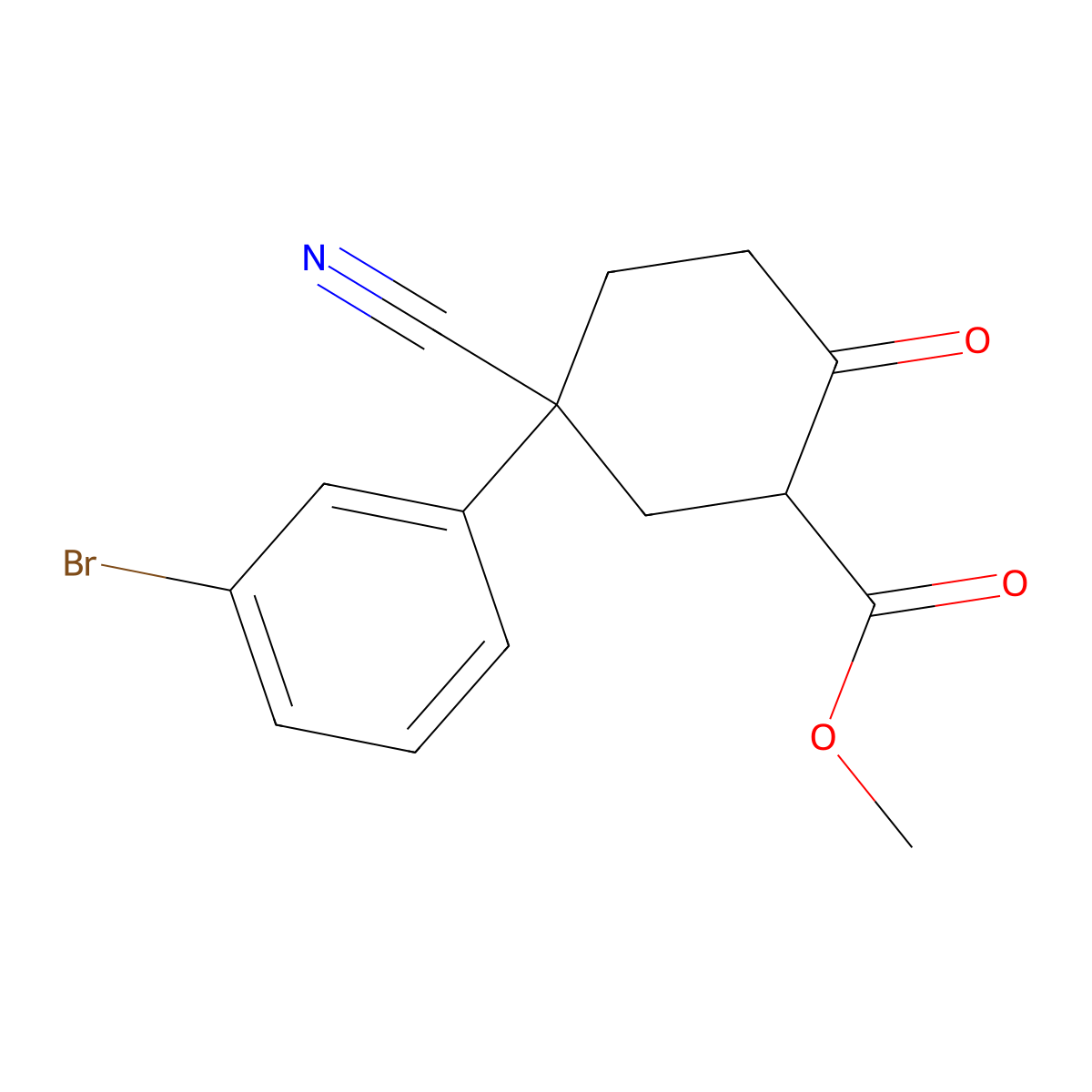 Methyl 5-(3-bromophenyl)-5-cyano-2-oxocyclohexanecarboxylate molecular structure, CAS 2891599-65-6
