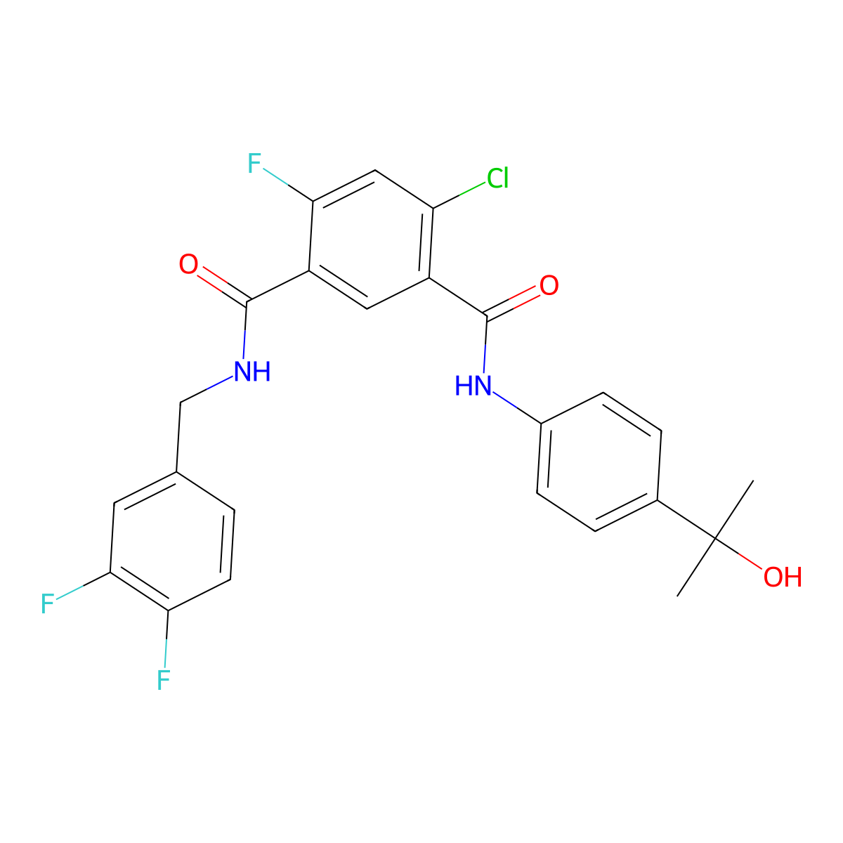 4-chloro-1-N-[(3,4-difluorophenyl)methyl]-6-fluoro-3-N-[4-(2-hydroxypropan-2-yl)phenyl]benzene-1,3-dicarboxamide molecular structure, CAS 2891706-78-6
