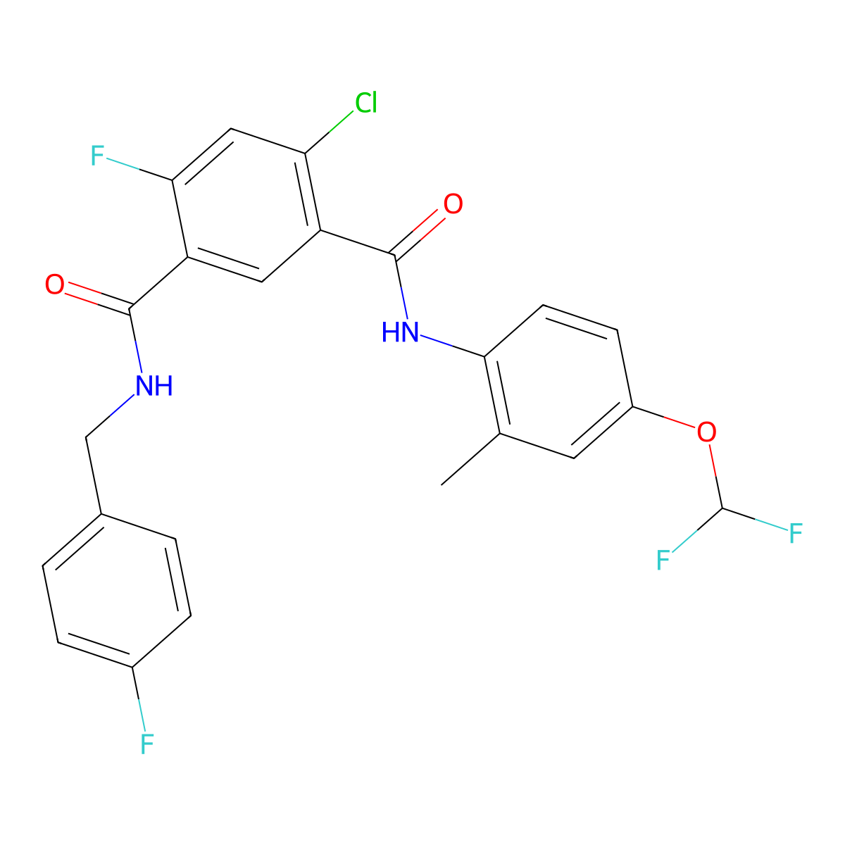4-chloro-3-N-[4-(difluoromethoxy)-2-methylphenyl]-6-fluoro-1-N-[(4-fluorophenyl)methyl]benzene-1,3-dicarboxamide molecular structure, CAS 2891706-79-7